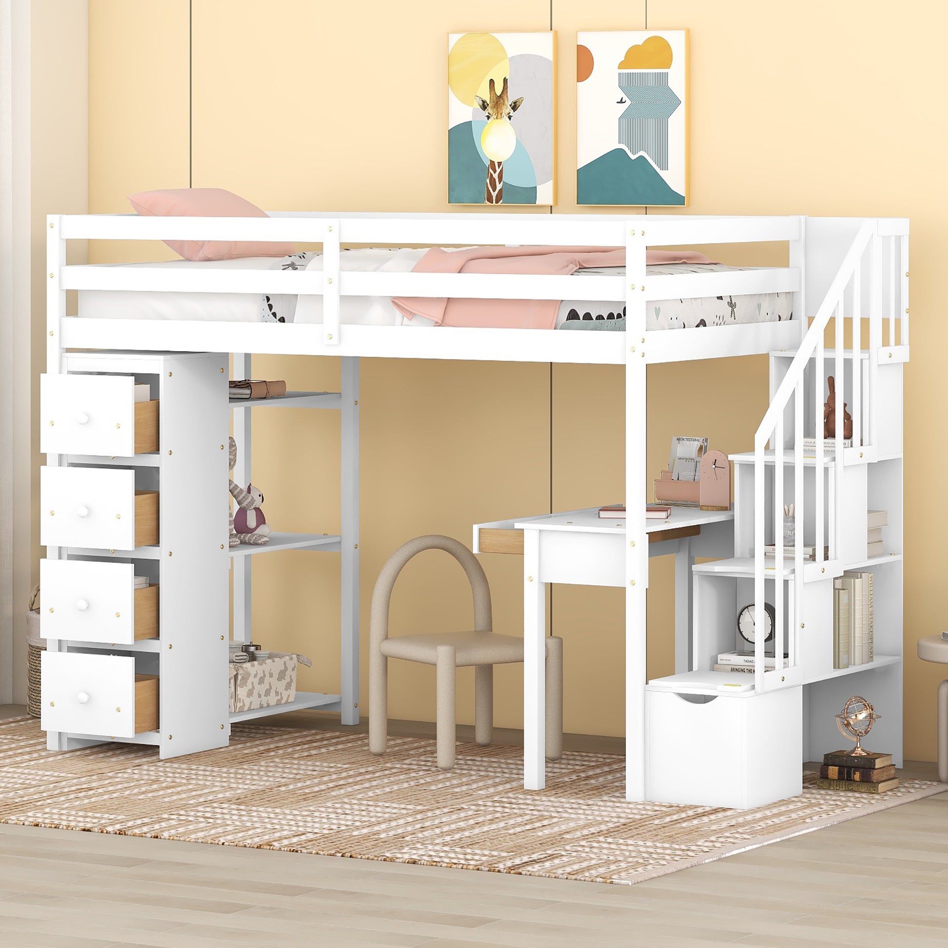 Twin Size Loft Bed With Storage Drawers ,Desk And Stairs, Wooden Loft Bed With Shelves White White Solid Wood