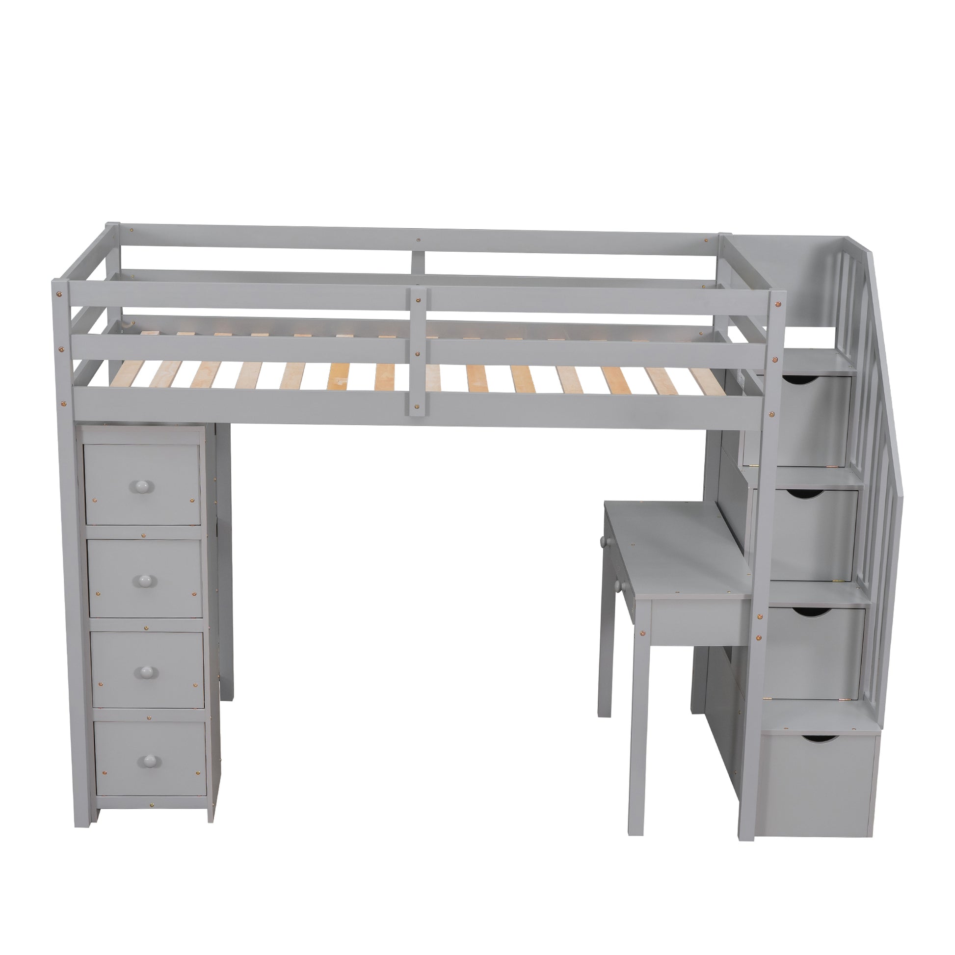 Twin Size Loft Bed With Storage Drawers ,Desk And Stairs, Wooden Loft Bed With Shelves Gray Gray Solid Wood