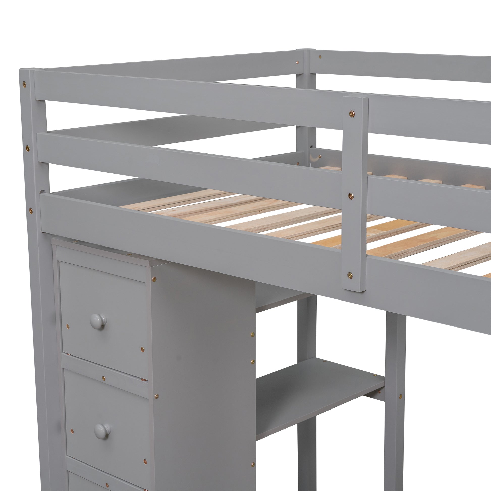 Twin Size Loft Bed With Storage Drawers ,Desk And Stairs, Wooden Loft Bed With Shelves Gray Gray Solid Wood