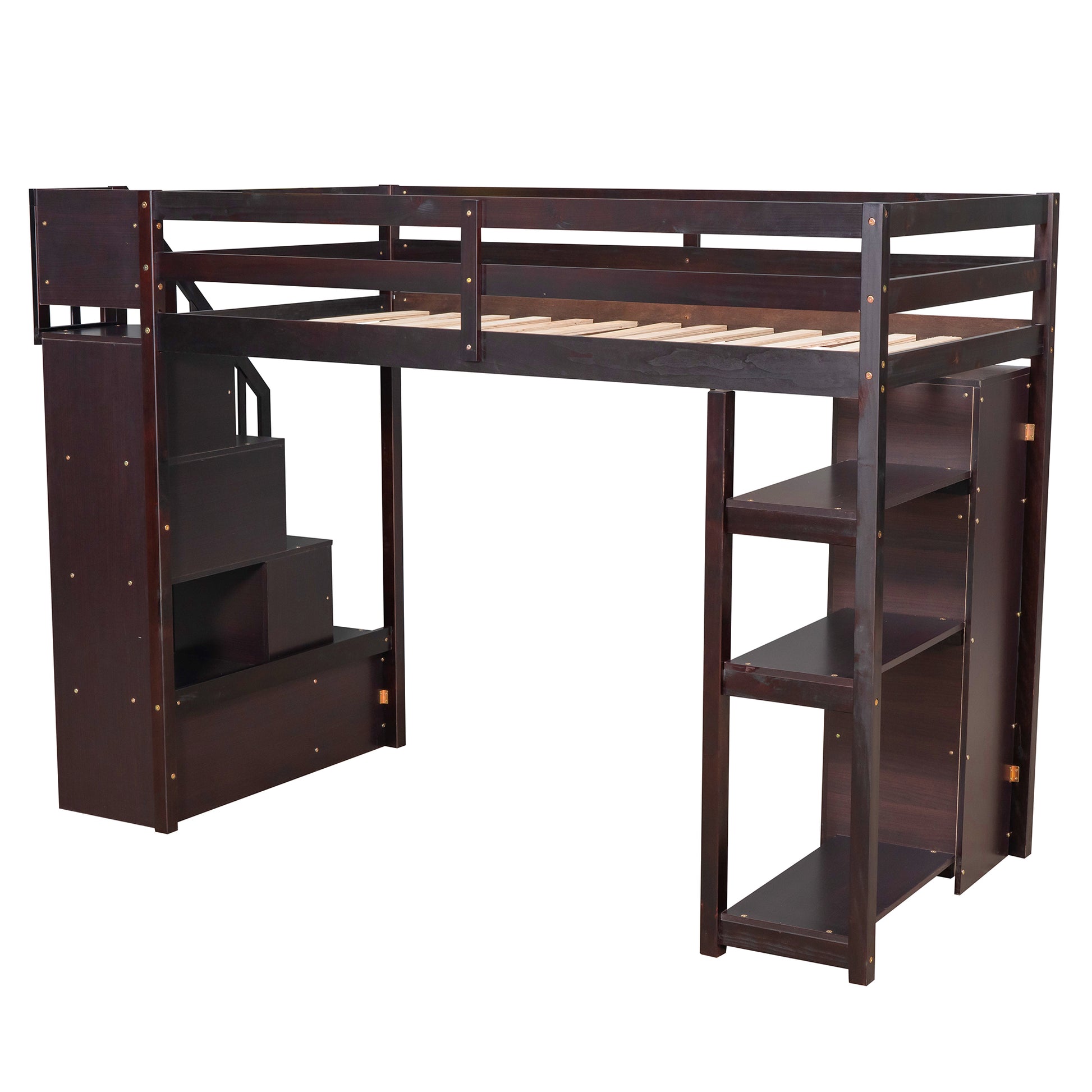 Twin Size Loft Bed With Storage Drawers And Stairs, Wooden Loft Bed With Shelves Espresso Espresso Solid Wood