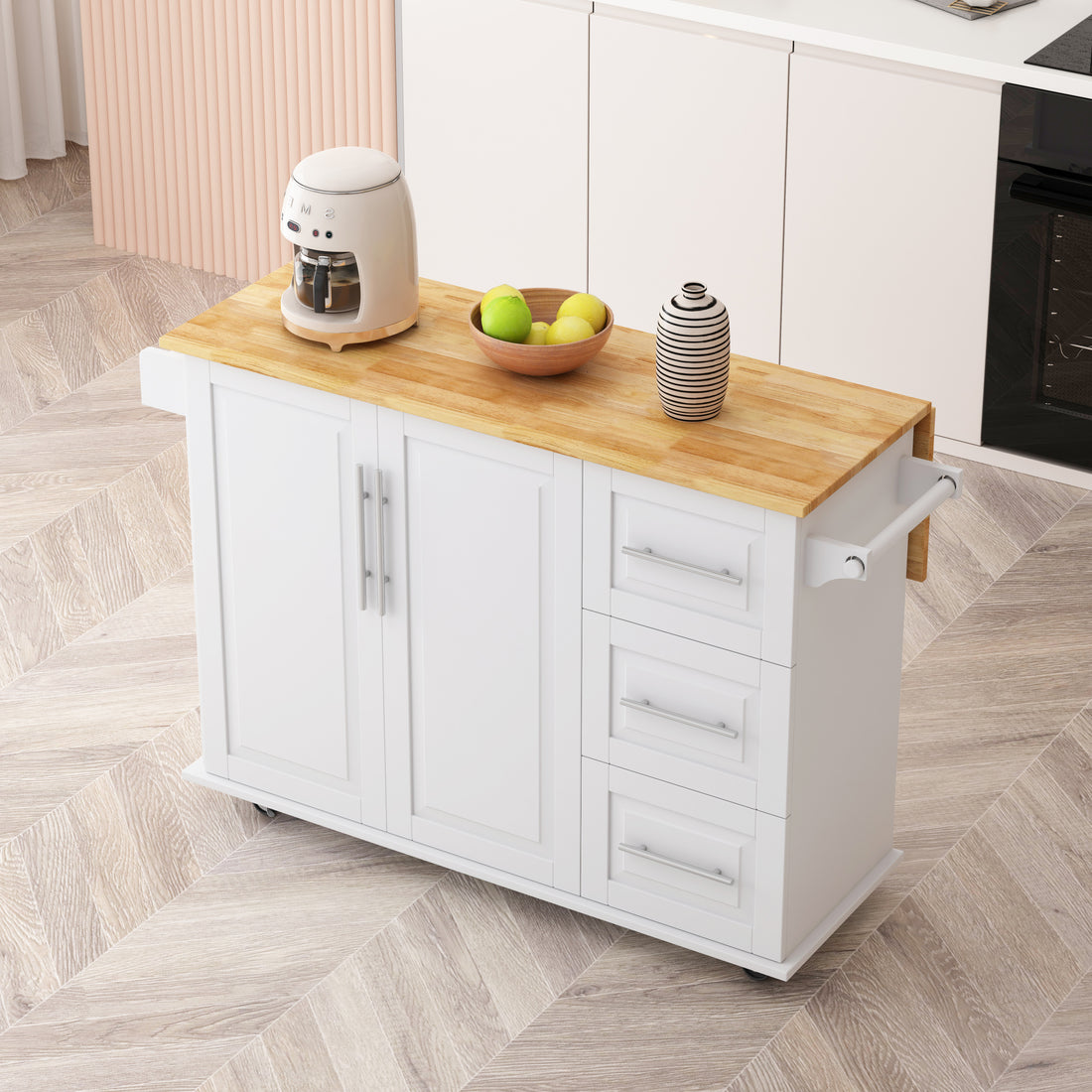 Kitchen Island Cart With 2 Door Cabinet And Three Drawers,43.31 Inch Width With Spice Rack,Towel Rack White White Mdf