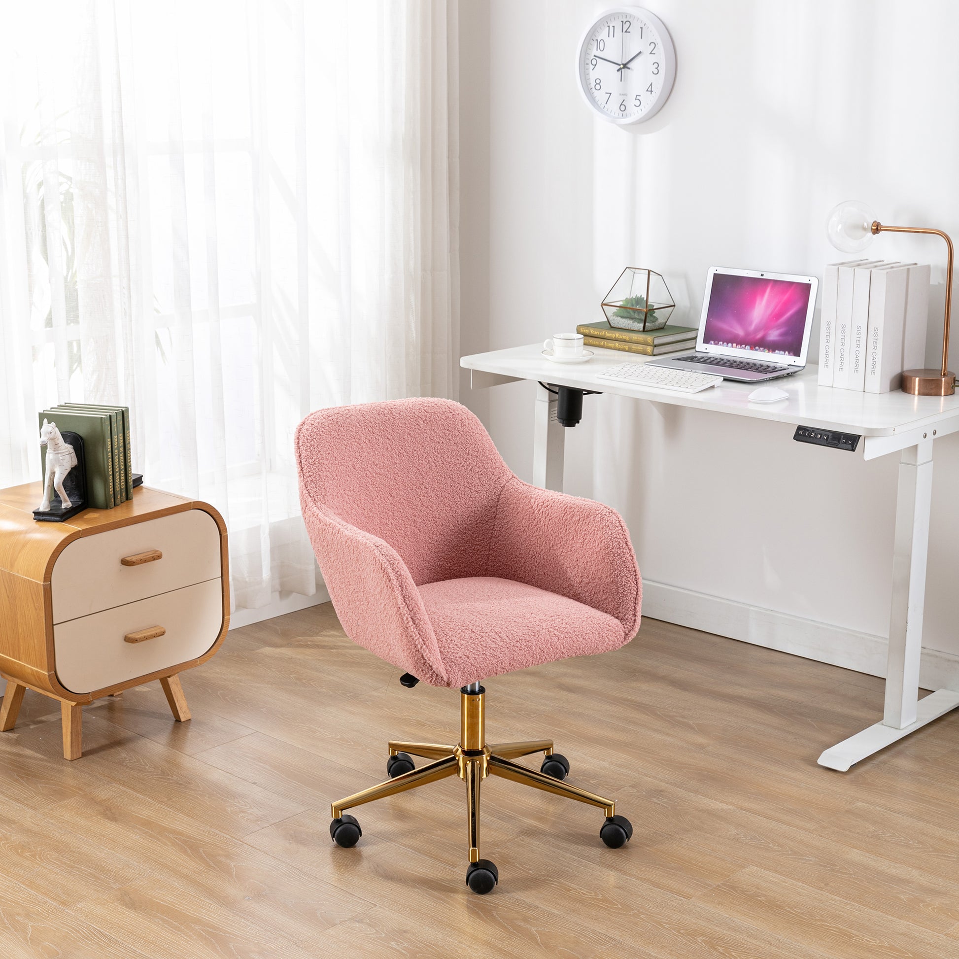 Modern Teddy Fabric Material Adjustable Height 360 Revolving Home Office Chair With Gold Metal Legs And Universal Wheel For Indoor,Pink Pink Teddy Foam Wool