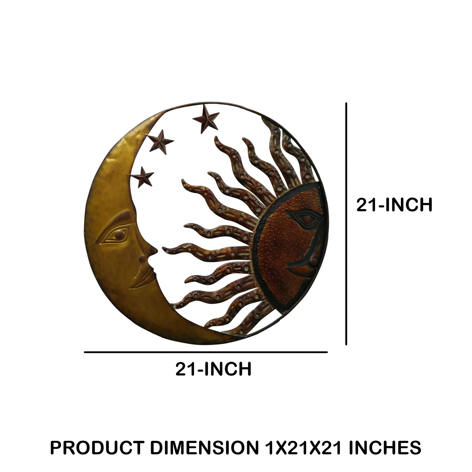 21 Inch Handcrafted Sun And Moon Accent Wall Decor, Round Metal Wall Mount, Rustic Gold, Bronze Gold Metal