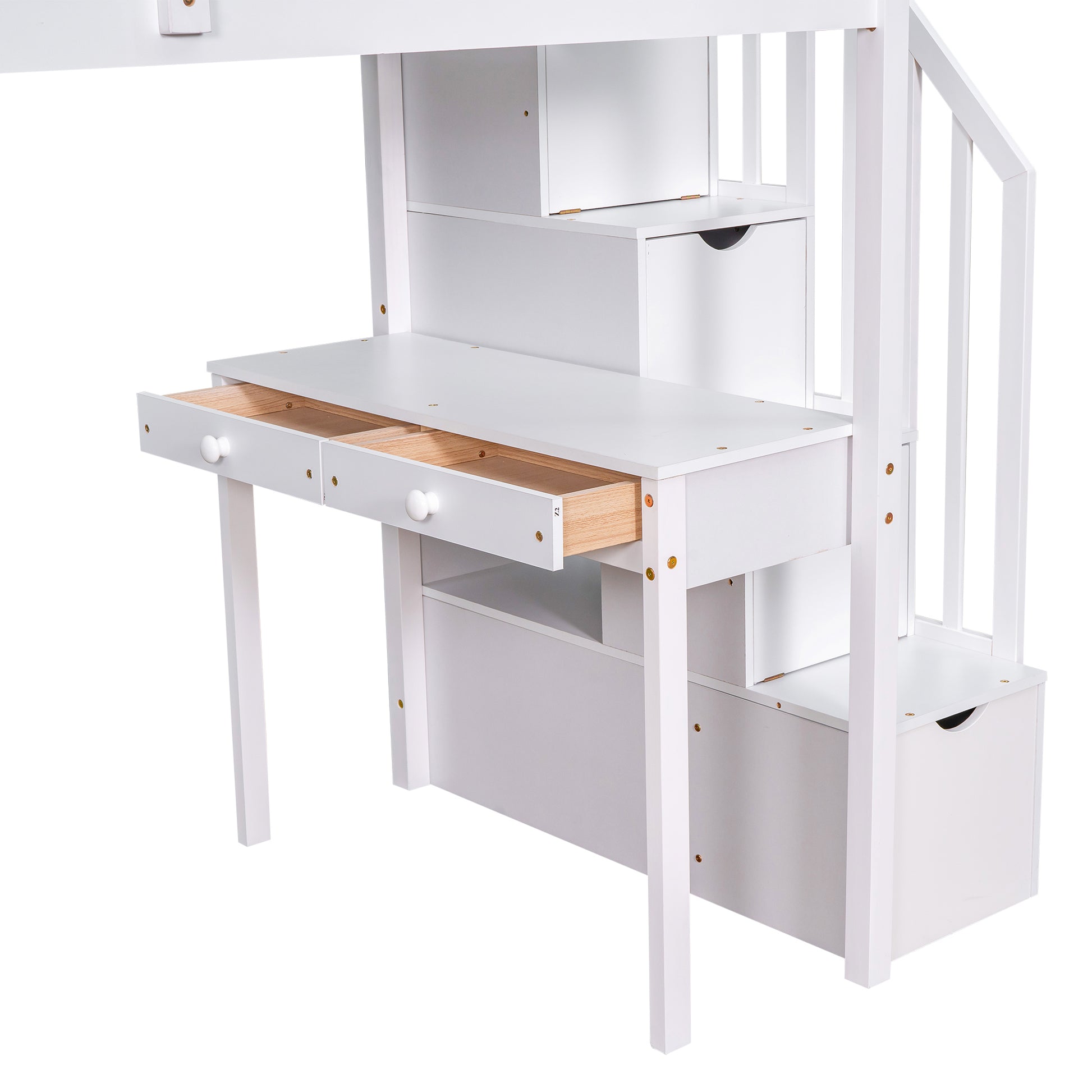 Twin Size Loft Bed With Storage Drawers ,Desk And Stairs, Wooden Loft Bed With Shelves White White Solid Wood