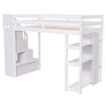 Twin Size Loft Bed With Storage Drawers And Stairs, Wooden Loft Bed With Shelves White White Solid Wood