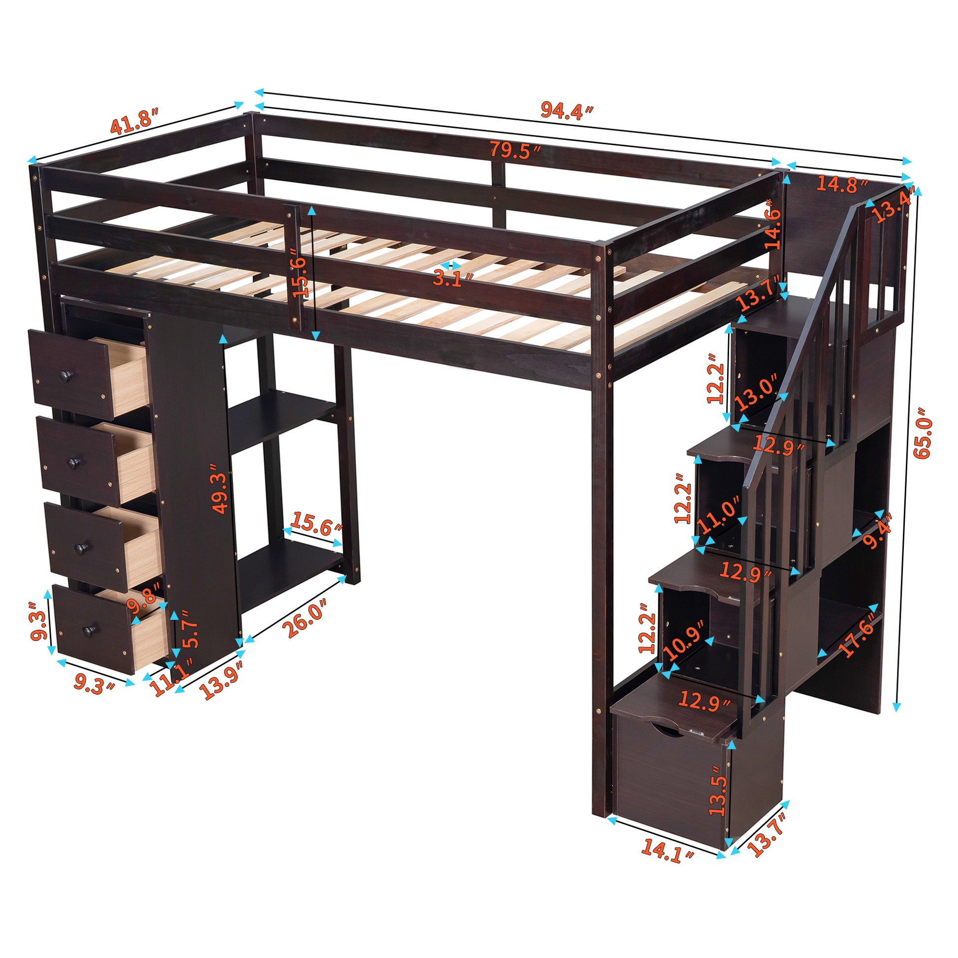 Twin Size Loft Bed With Storage Drawers And Stairs, Wooden Loft Bed With Shelves Espresso Espresso Solid Wood