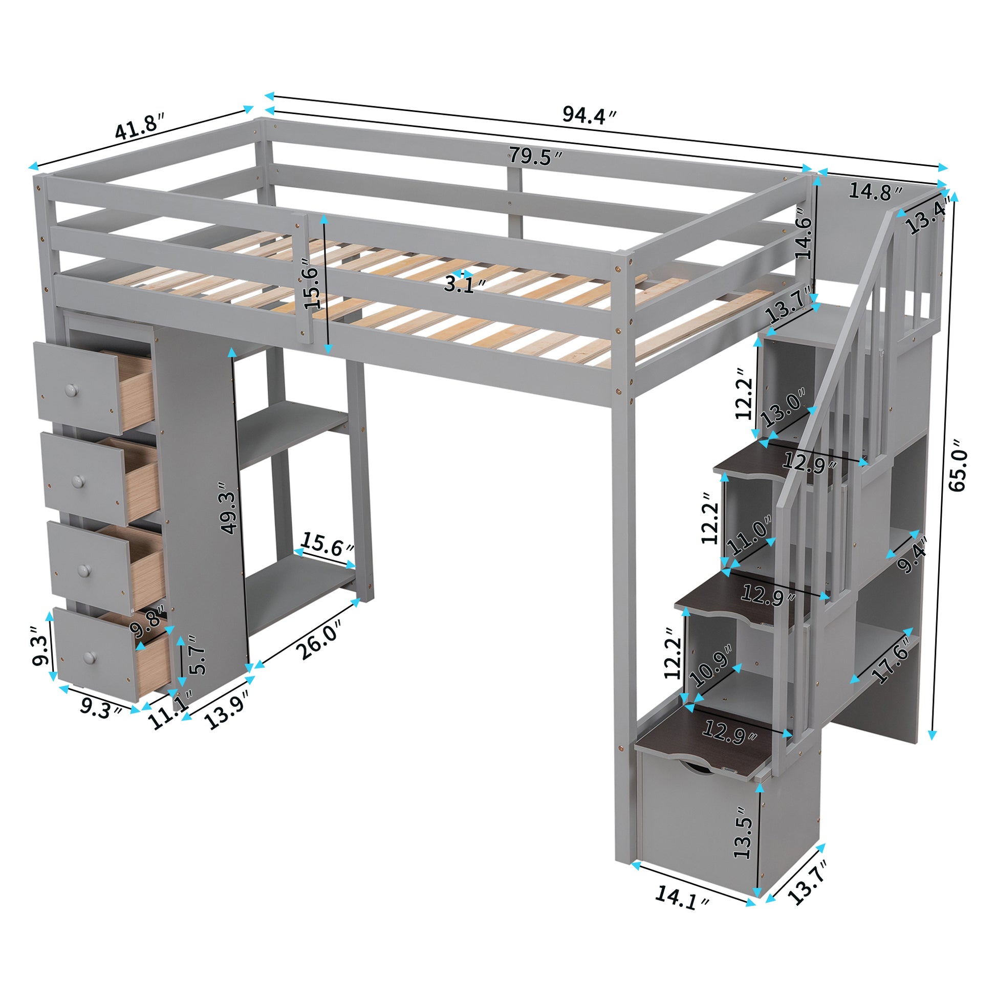 Twin Size Loft Bed With Storage Drawers And Stairs, Wooden Loft Bed With Shelves Gray Gray Solid Wood