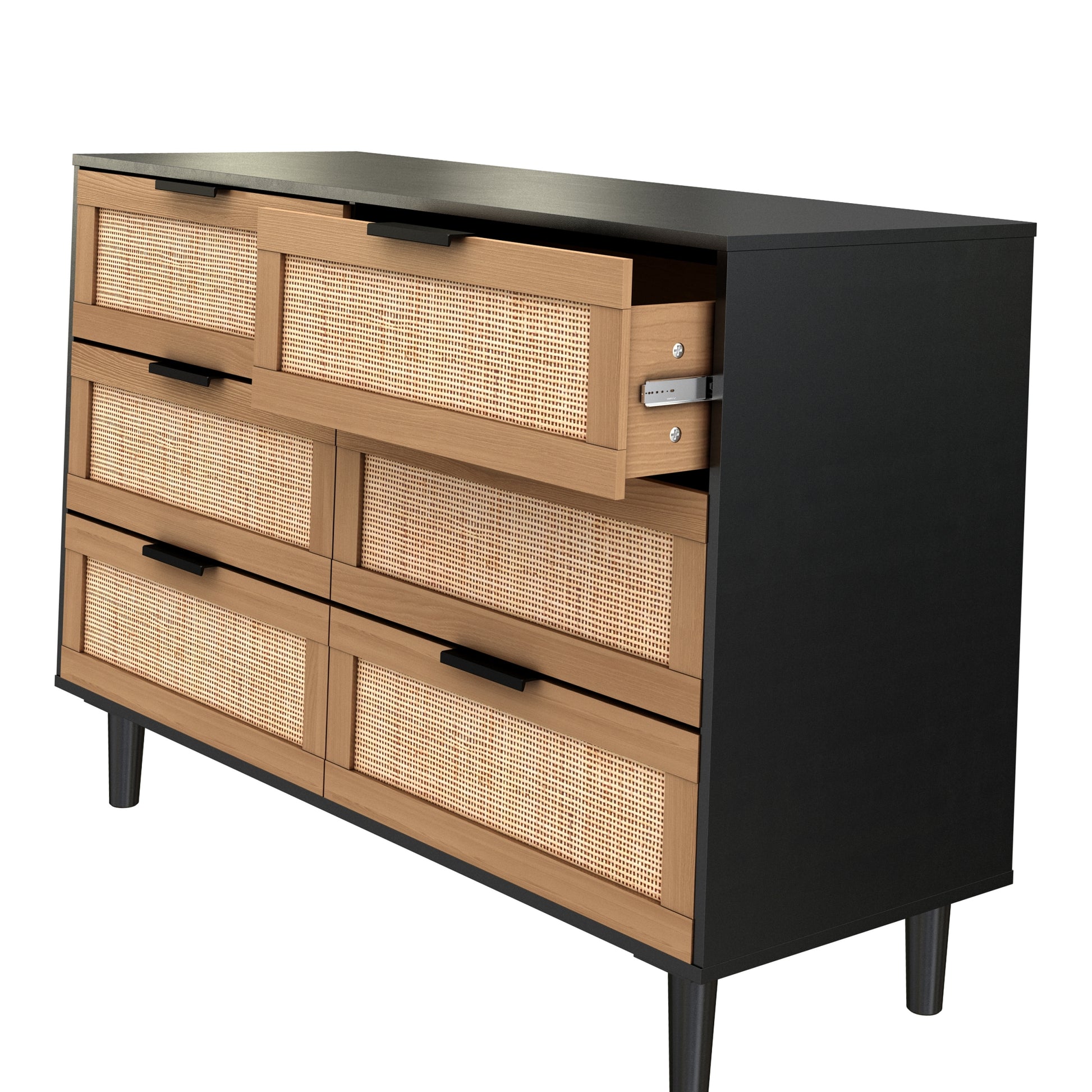 6 Drawers Rattan Dresser Rattan Drawer, Bedroom,Living Room Black Black Particle Board