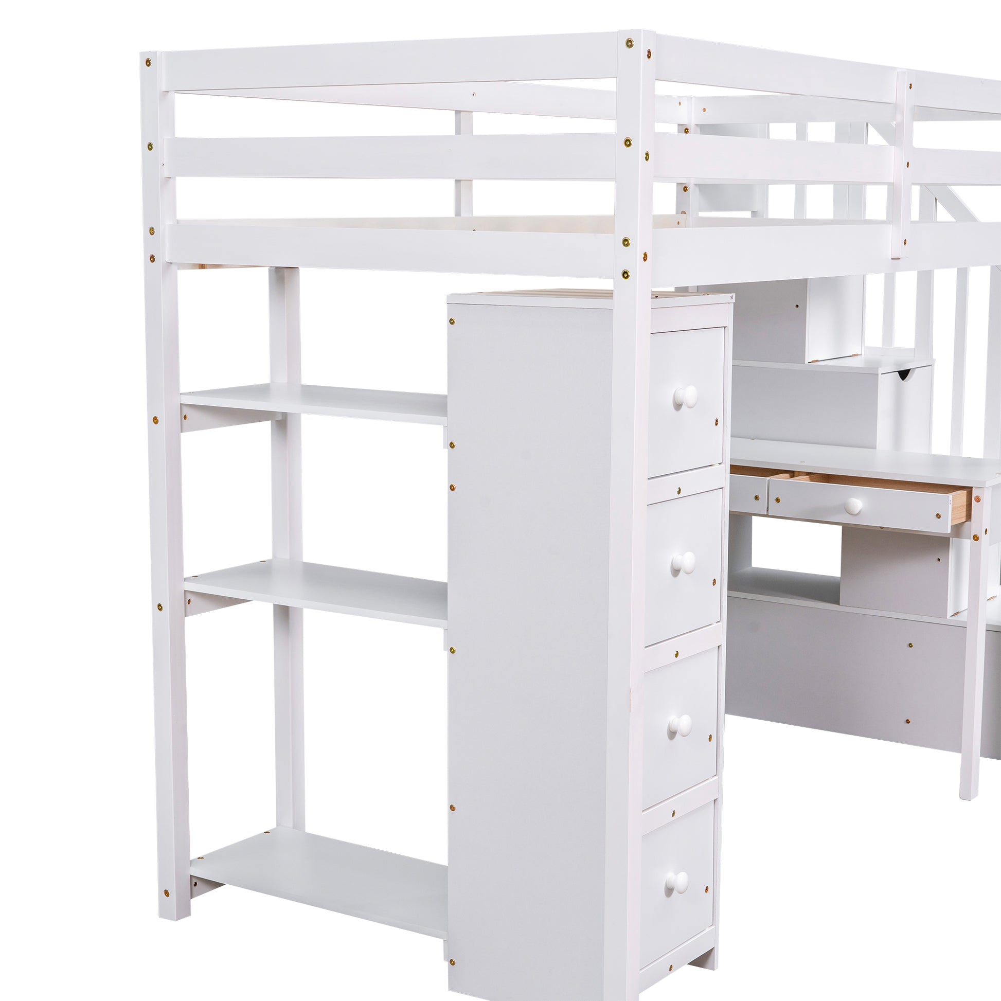 Twin Size Loft Bed With Storage Drawers ,Desk And Stairs, Wooden Loft Bed With Shelves White White Solid Wood