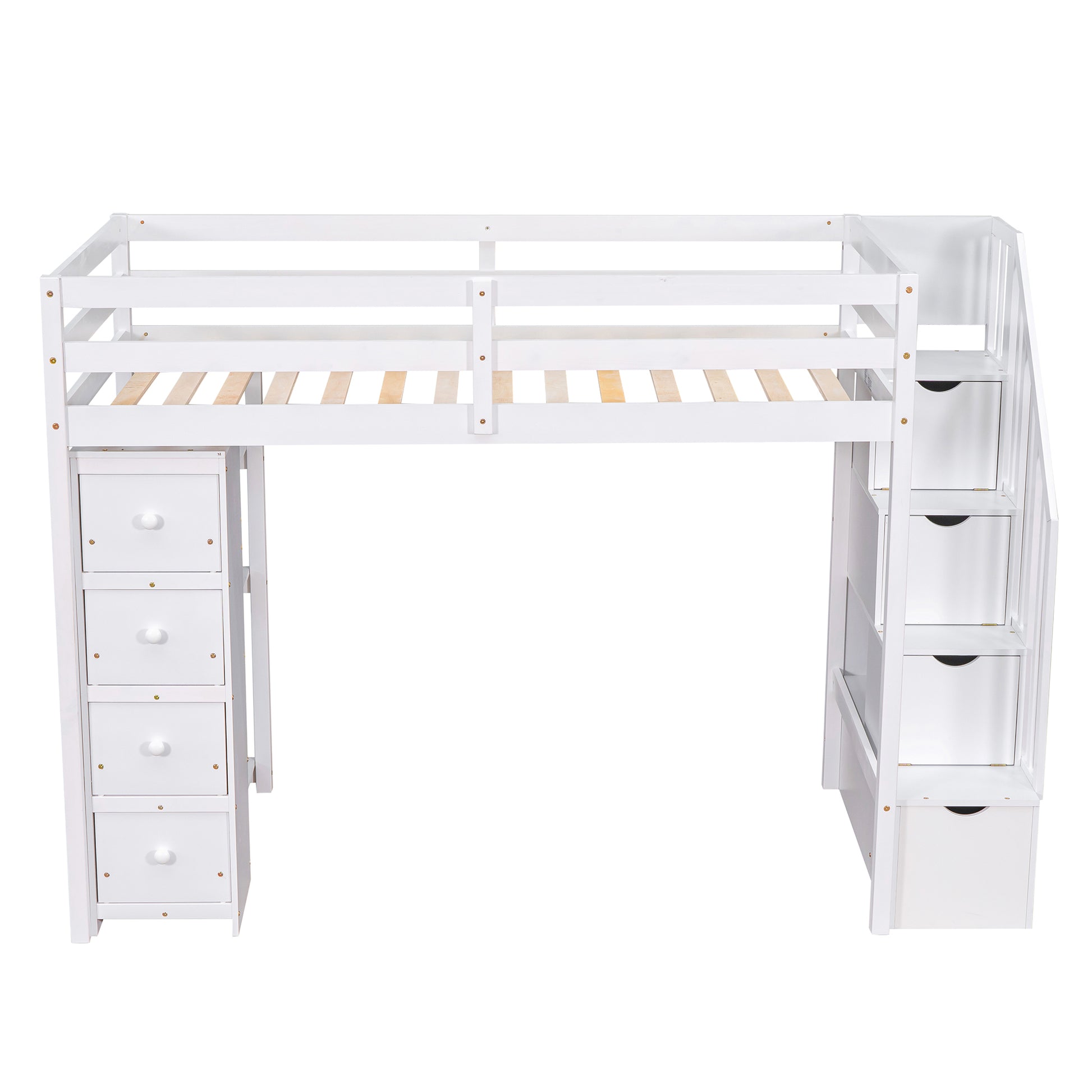 Twin Size Loft Bed With Storage Drawers And Stairs, Wooden Loft Bed With Shelves White White Solid Wood