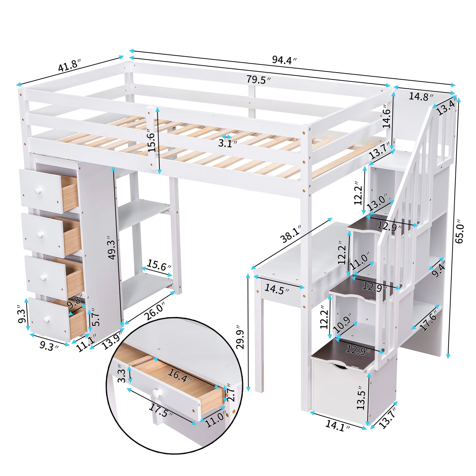 Twin Size Loft Bed With Storage Drawers ,Desk And Stairs, Wooden Loft Bed With Shelves White White Solid Wood