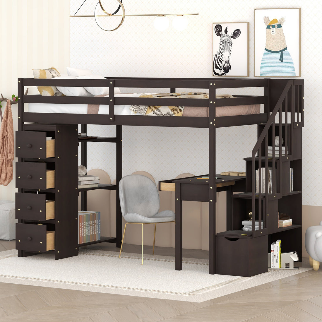 Twin Size Loft Bed With Storage Drawers ,Desk And Stairs, Wooden Loft Bed With Shelves Espresso Espresso Solid Wood