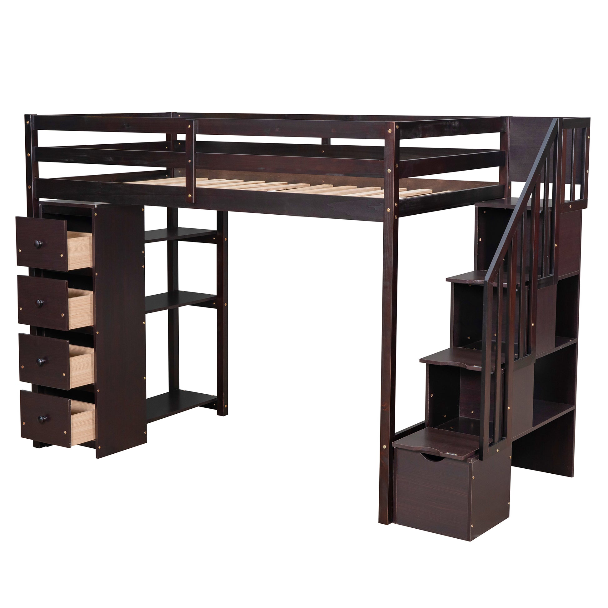 Twin Size Loft Bed With Storage Drawers And Stairs, Wooden Loft Bed With Shelves Espresso Espresso Solid Wood