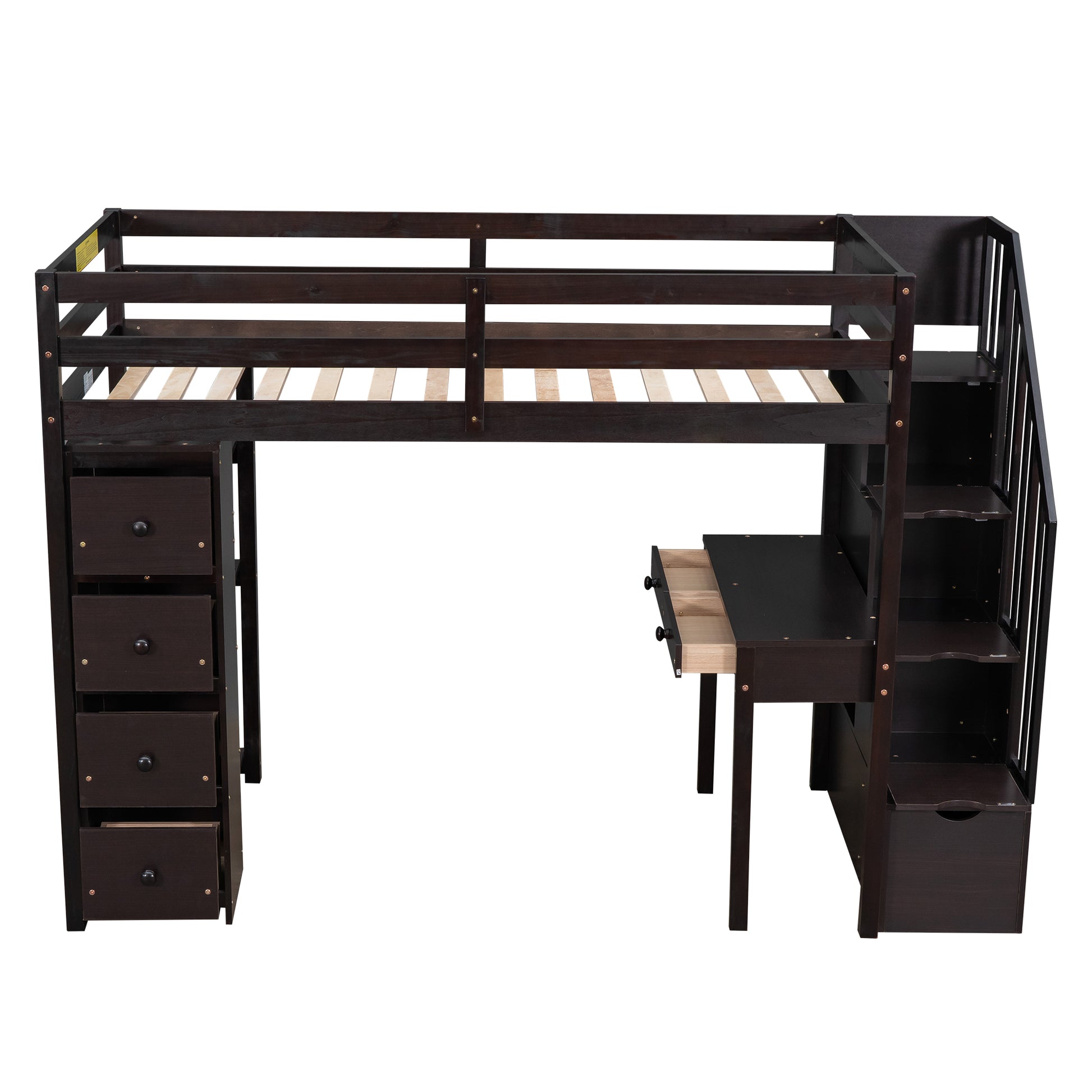 Twin Size Loft Bed With Storage Drawers ,Desk And Stairs, Wooden Loft Bed With Shelves Espresso Espresso Solid Wood