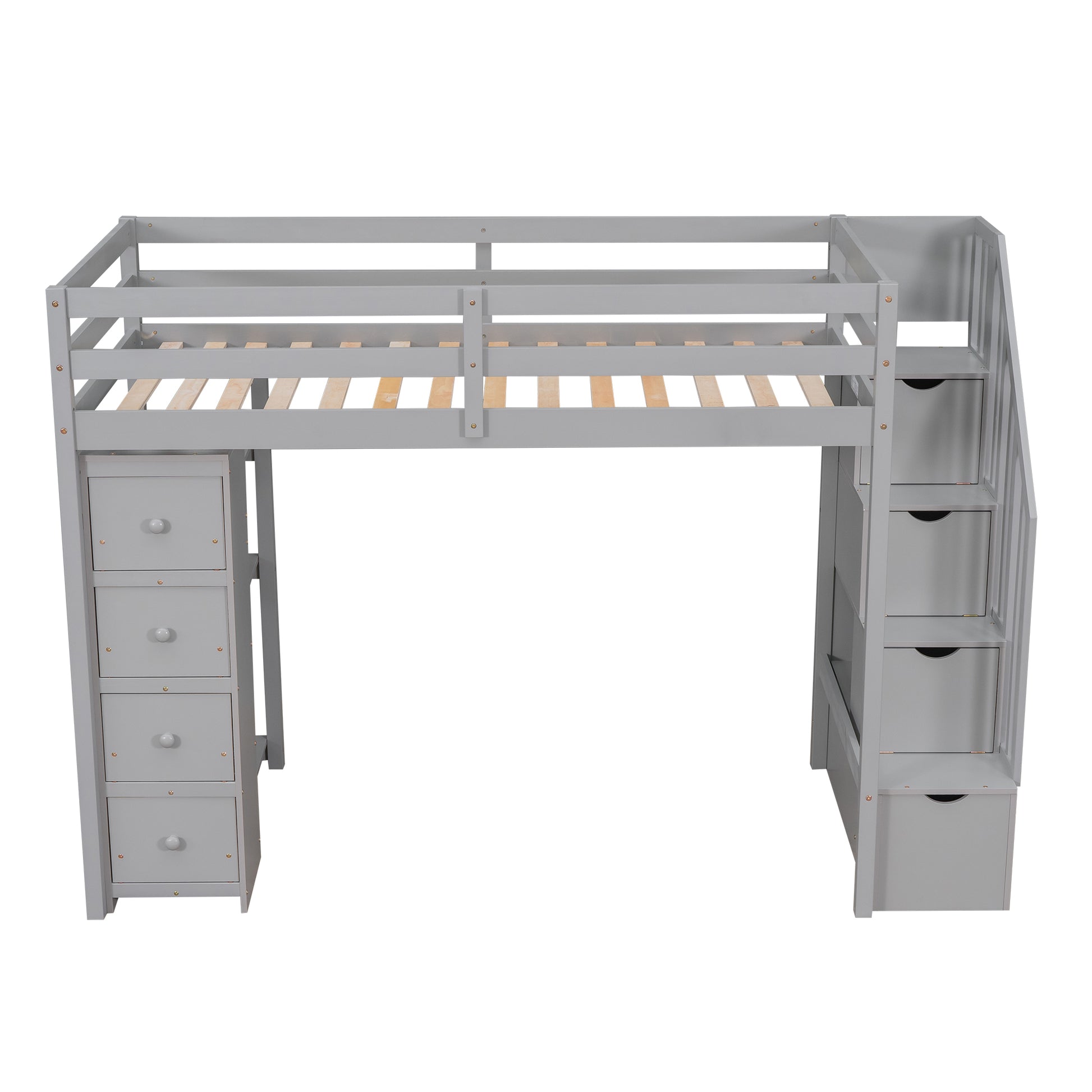 Twin Size Loft Bed With Storage Drawers And Stairs, Wooden Loft Bed With Shelves Gray Gray Solid Wood