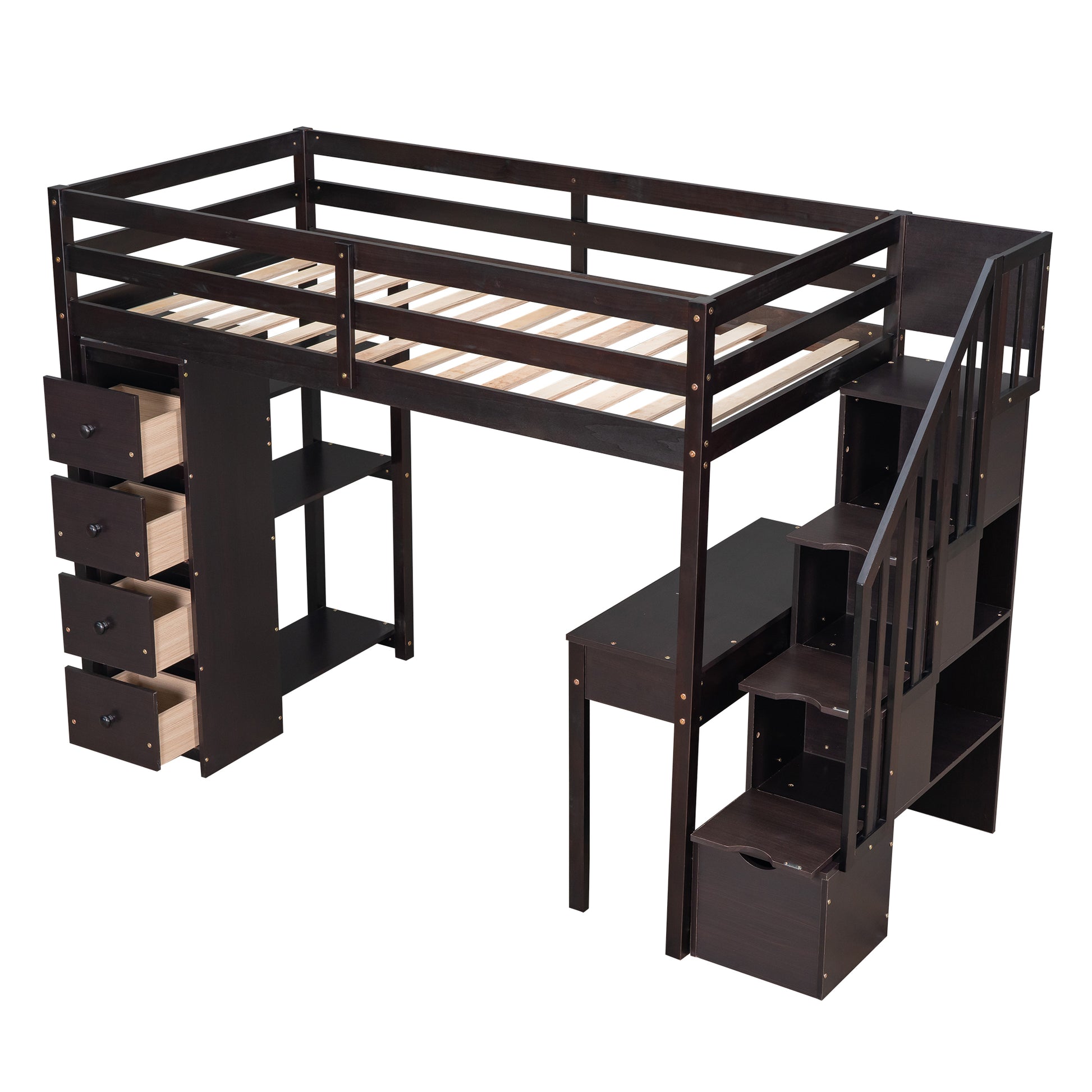 Twin Size Loft Bed With Storage Drawers ,Desk And Stairs, Wooden Loft Bed With Shelves Espresso Espresso Solid Wood