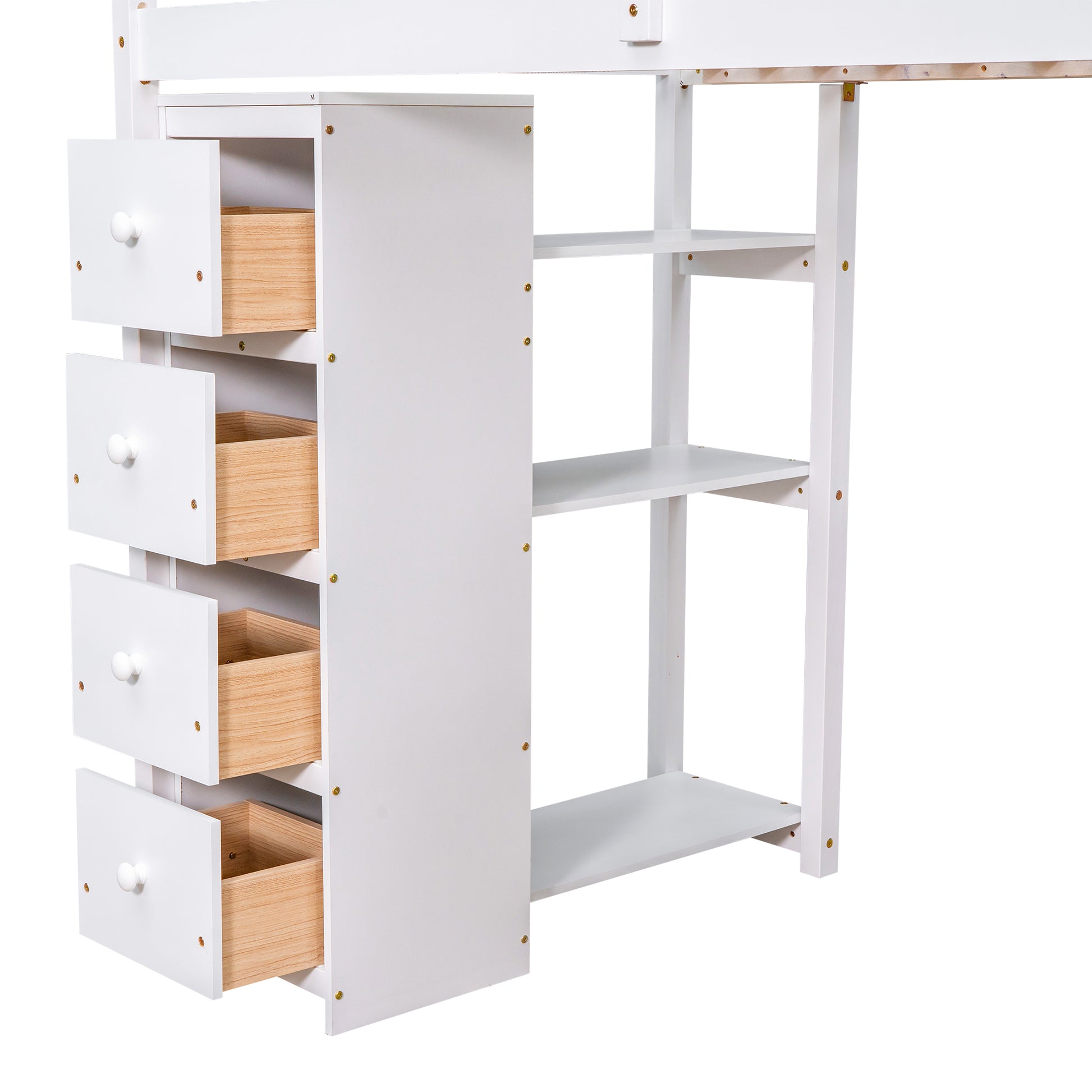 Twin Size Loft Bed With Storage Drawers ,Desk And Stairs, Wooden Loft Bed With Shelves White White Solid Wood