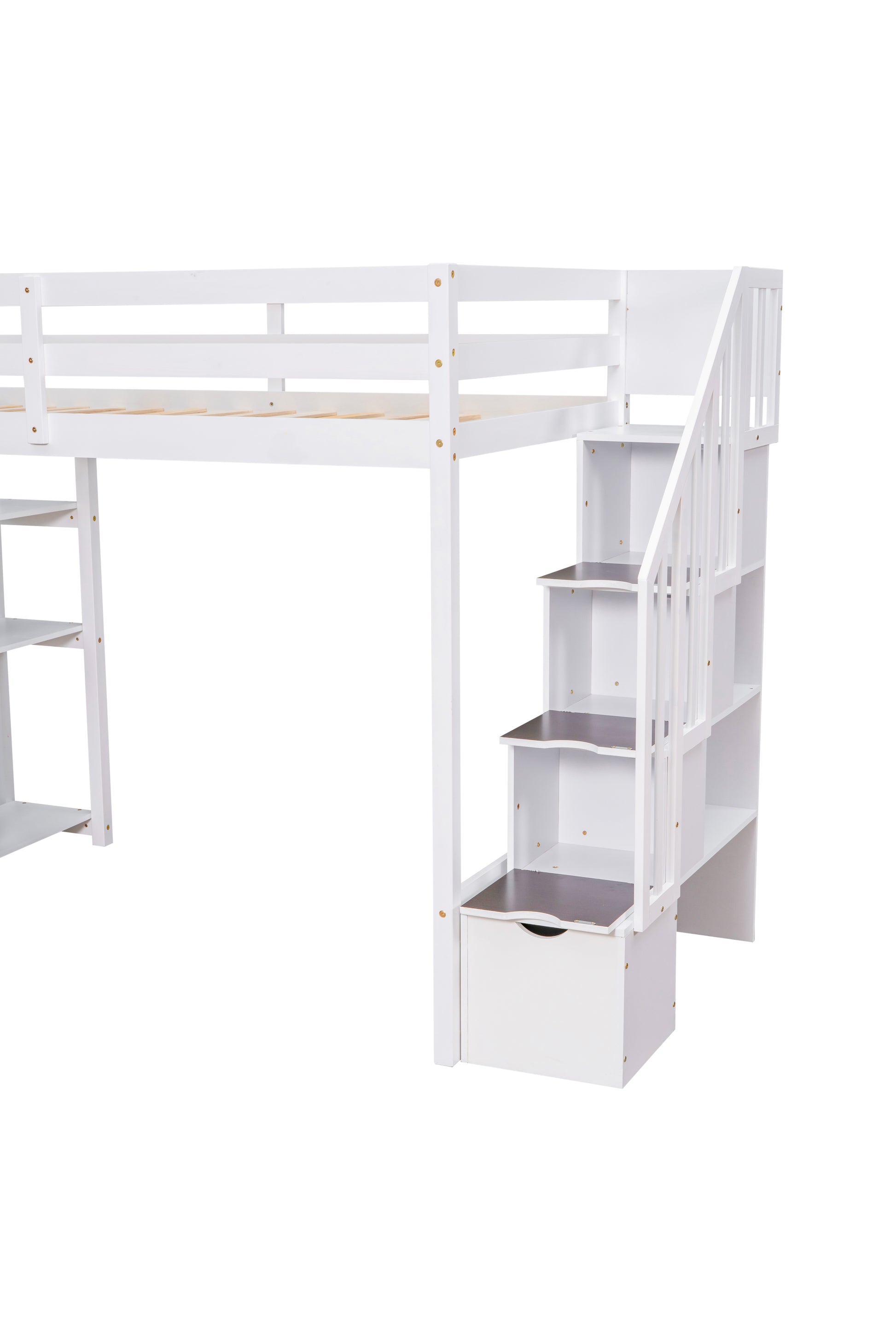 Twin Size Loft Bed With Storage Drawers And Stairs, Wooden Loft Bed With Shelves White White Solid Wood