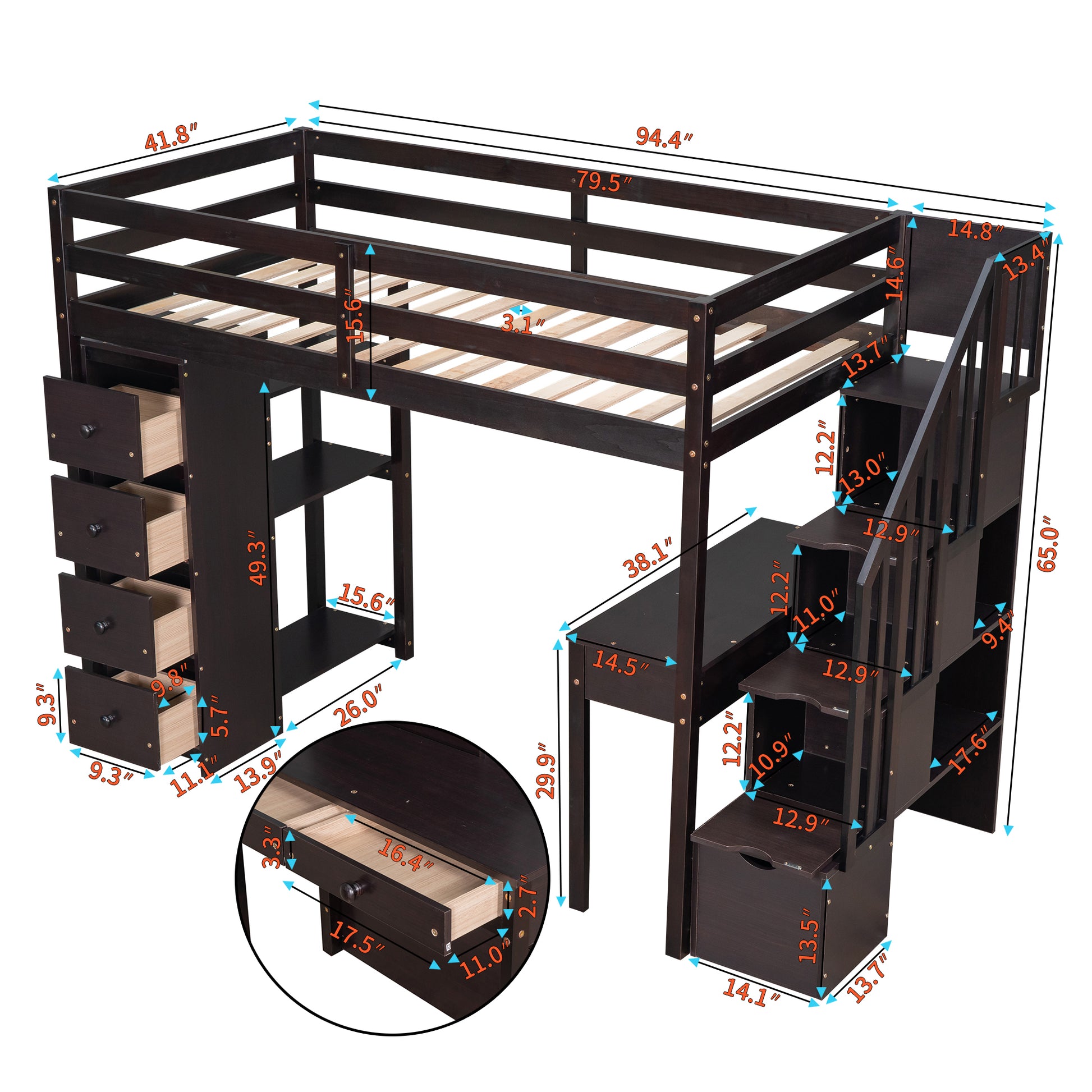 Twin Size Loft Bed With Storage Drawers ,Desk And Stairs, Wooden Loft Bed With Shelves Espresso Espresso Solid Wood