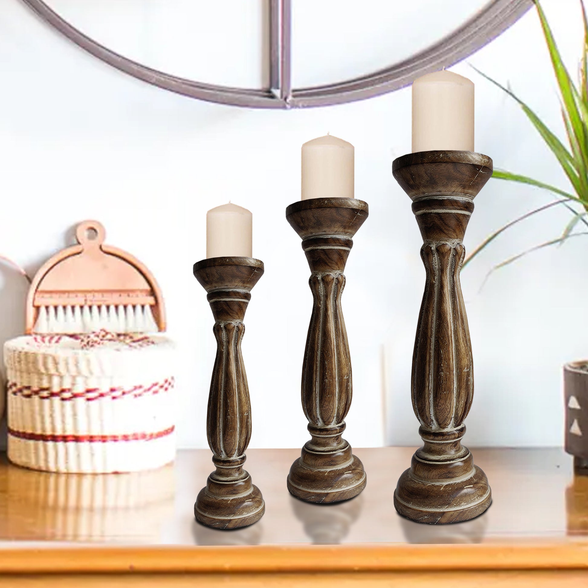 Handmade Wooden Candle Holder With Pillar Base Support, Distressed Brown, Set Of 3 Brown Solid Wood