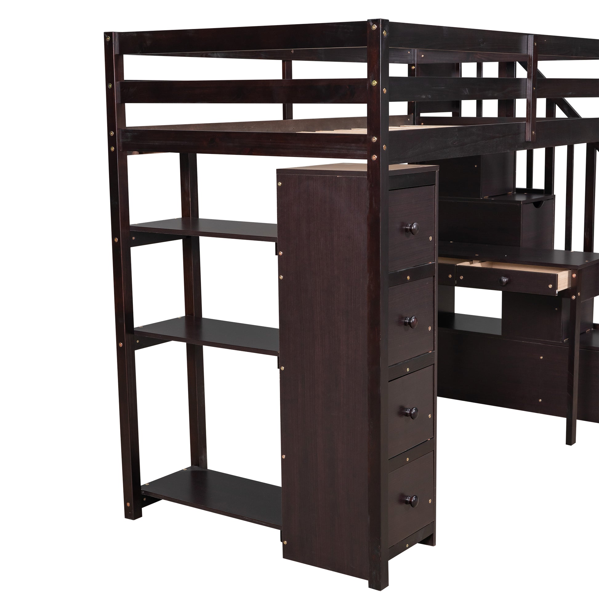 Twin Size Loft Bed With Storage Drawers ,Desk And Stairs, Wooden Loft Bed With Shelves Espresso Espresso Solid Wood