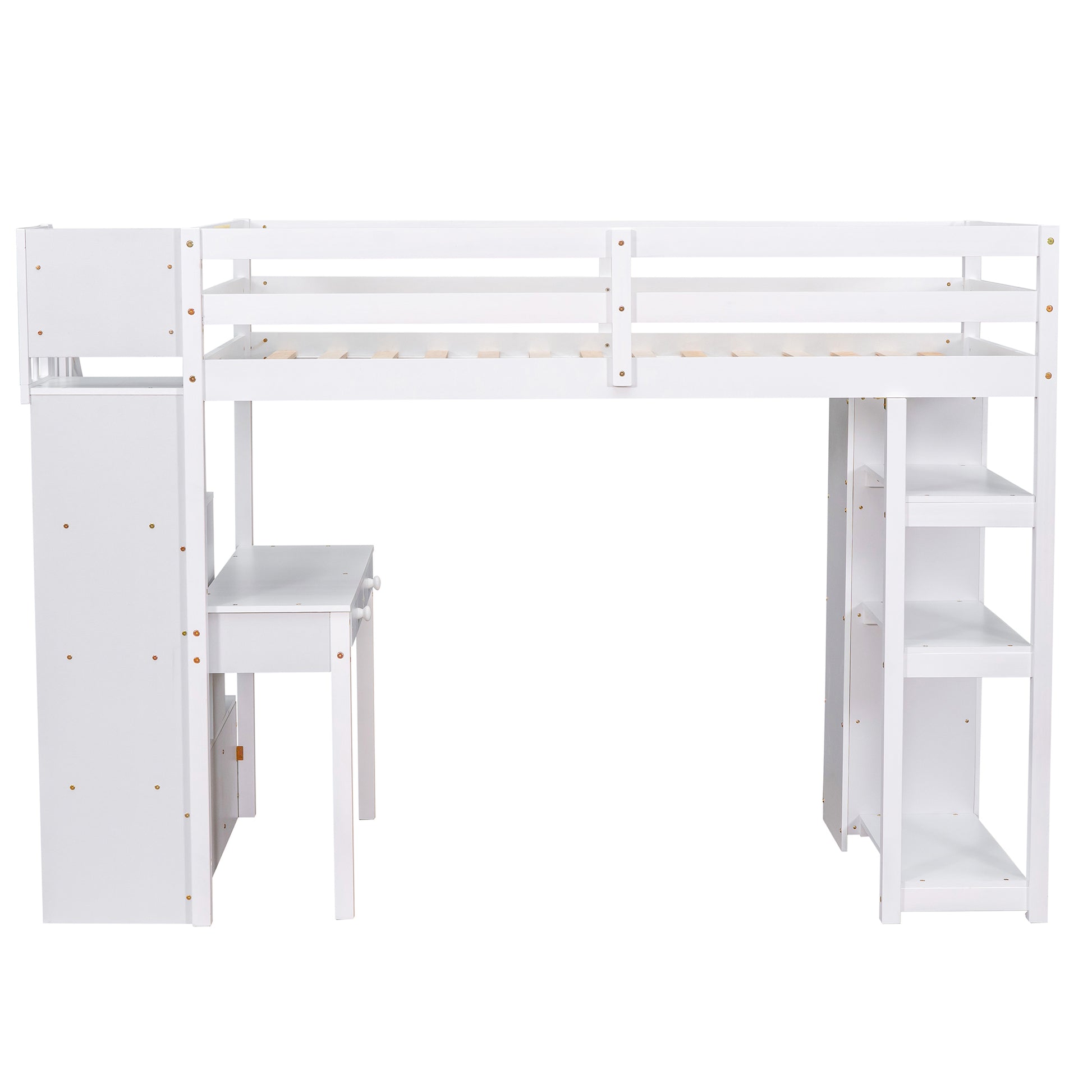 Twin Size Loft Bed With Storage Drawers ,Desk And Stairs, Wooden Loft Bed With Shelves White White Solid Wood