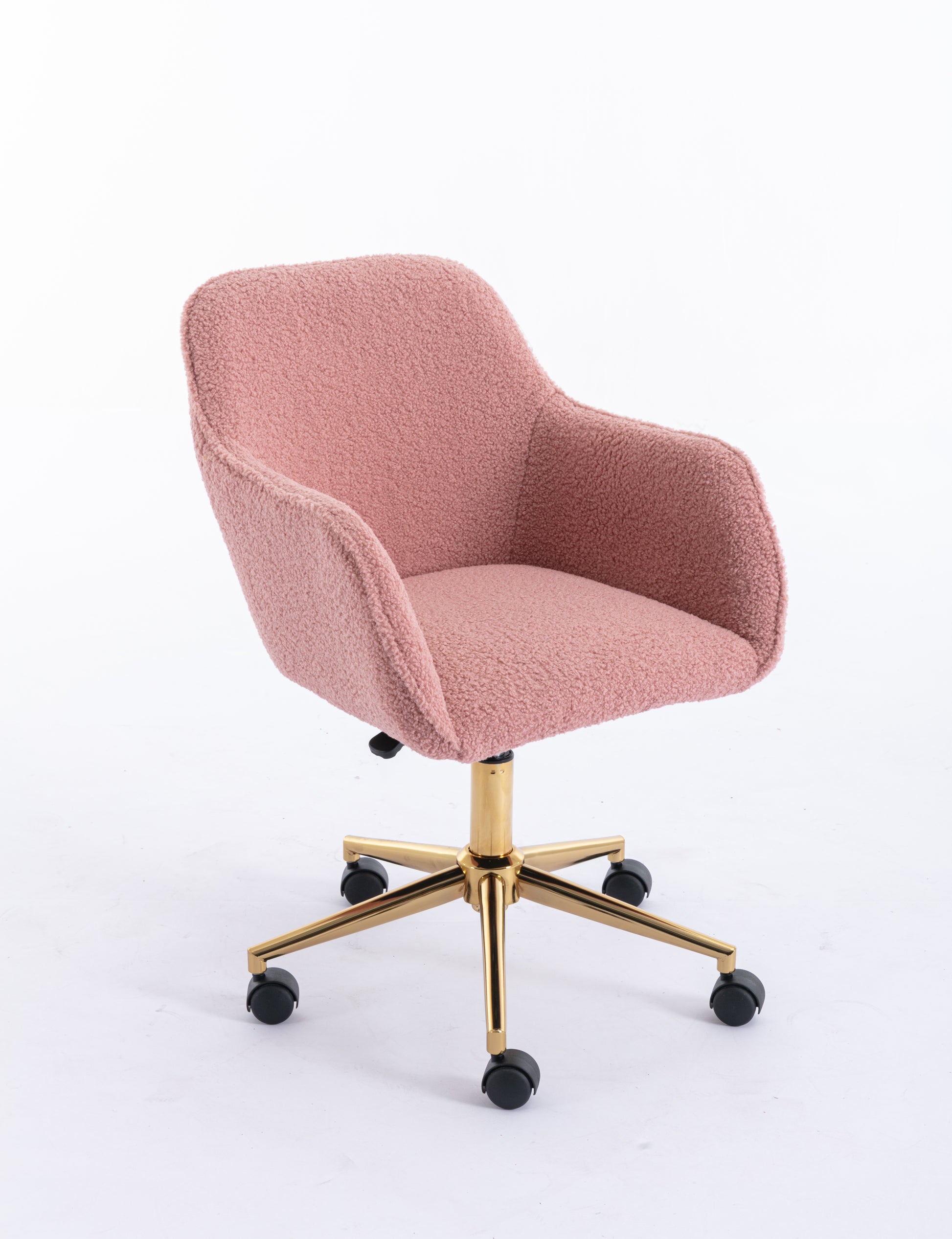 Modern Teddy Fabric Material Adjustable Height 360 Revolving Home Office Chair With Gold Metal Legs And Universal Wheel For Indoor,Pink Pink Teddy Foam Wool