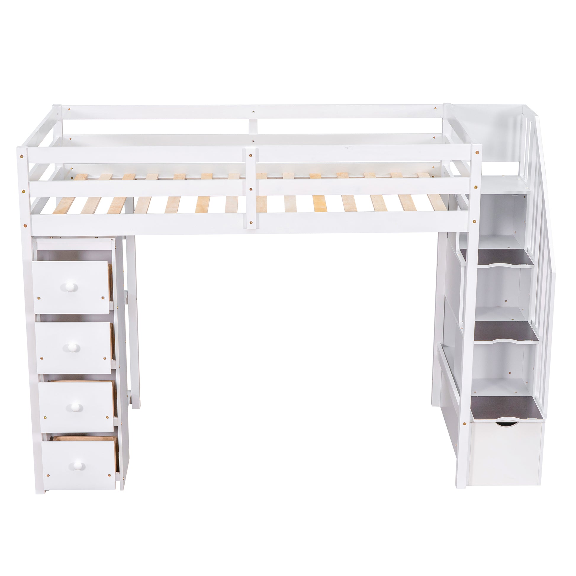 Twin Size Loft Bed With Storage Drawers And Stairs, Wooden Loft Bed With Shelves White White Solid Wood