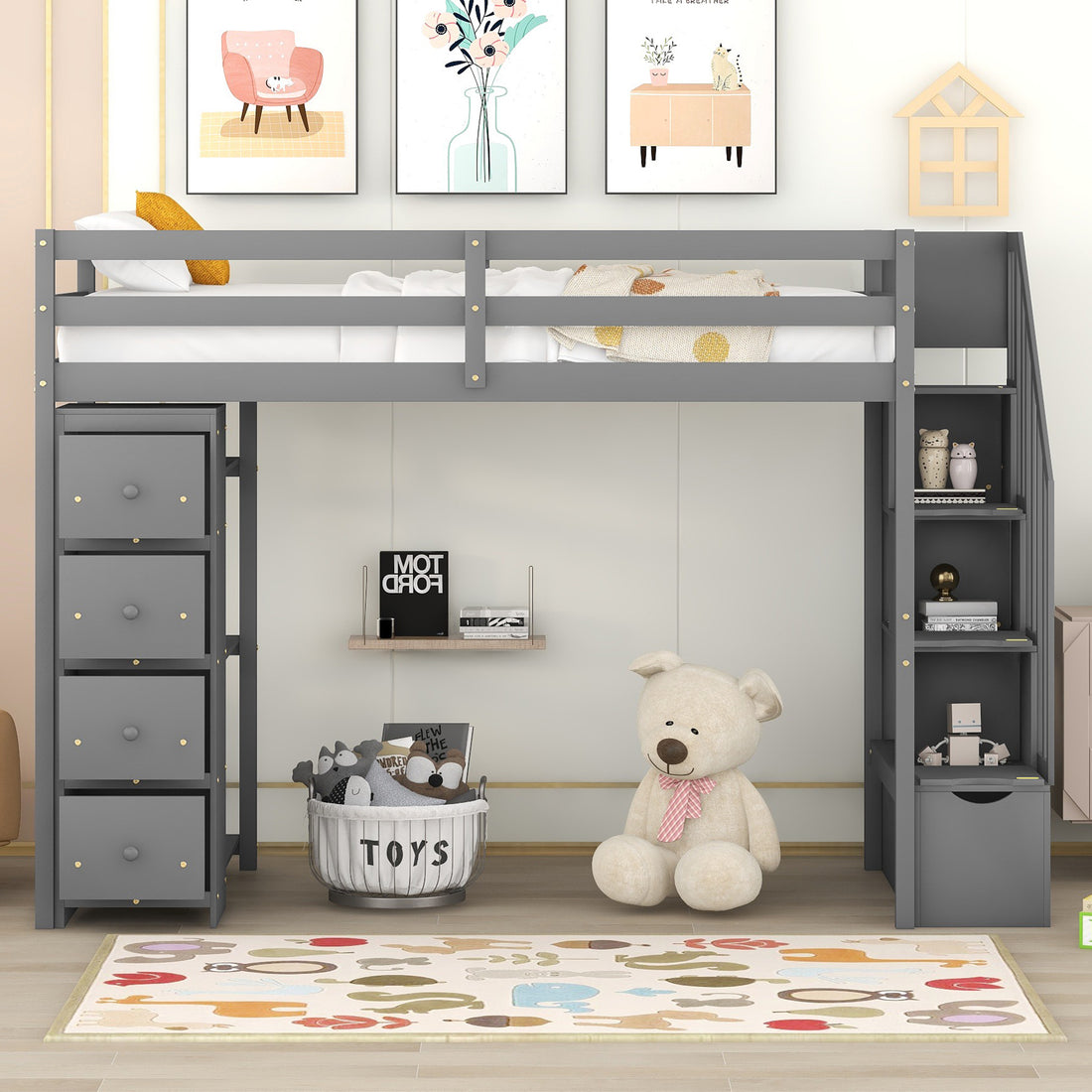 Twin Size Loft Bed With Storage Drawers And Stairs, Wooden Loft Bed With Shelves Gray Gray Solid Wood