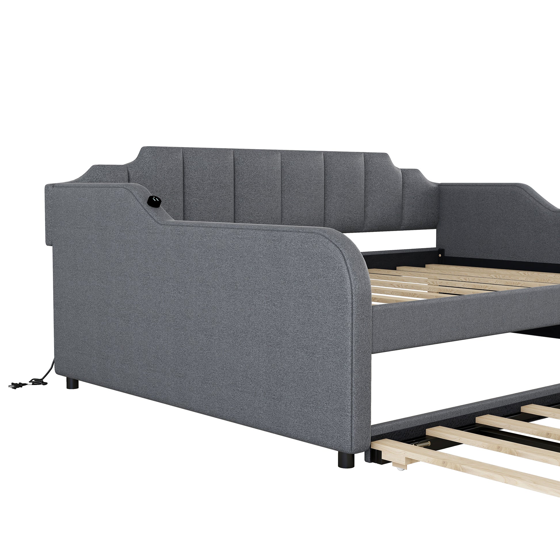 Full Size Upholstery Daybed With Trundle And Usb Charging Design,Trundle Can Be Flat Or Erected,Gray Full Gray Pine