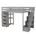 Twin Size Loft Bed With Storage Drawers And Stairs, Wooden Loft Bed With Shelves Gray Gray Solid Wood