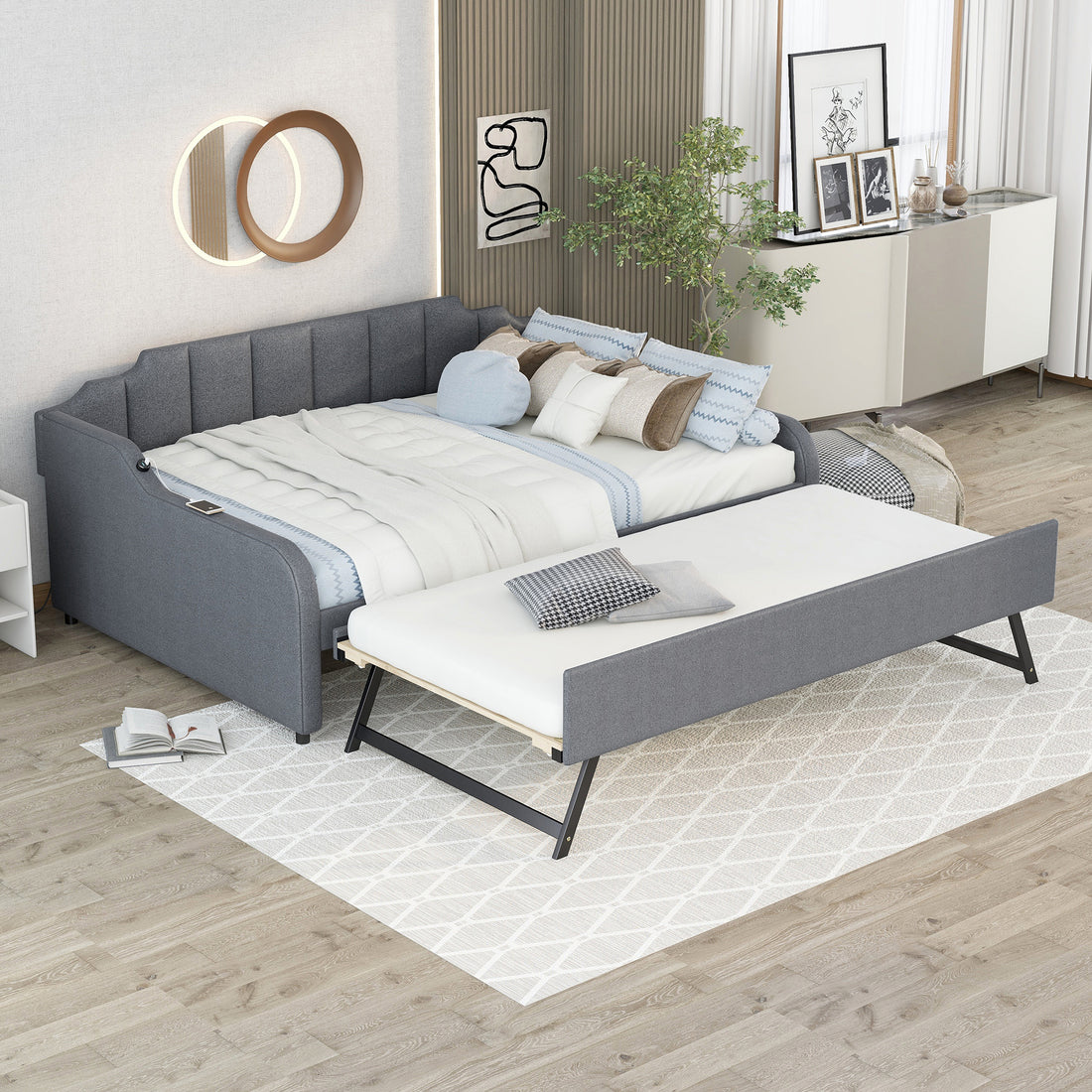 Full Size Upholstery Daybed With Trundle And Usb Charging Design,Trundle Can Be Flat Or Erected,Gray Full Gray Pine