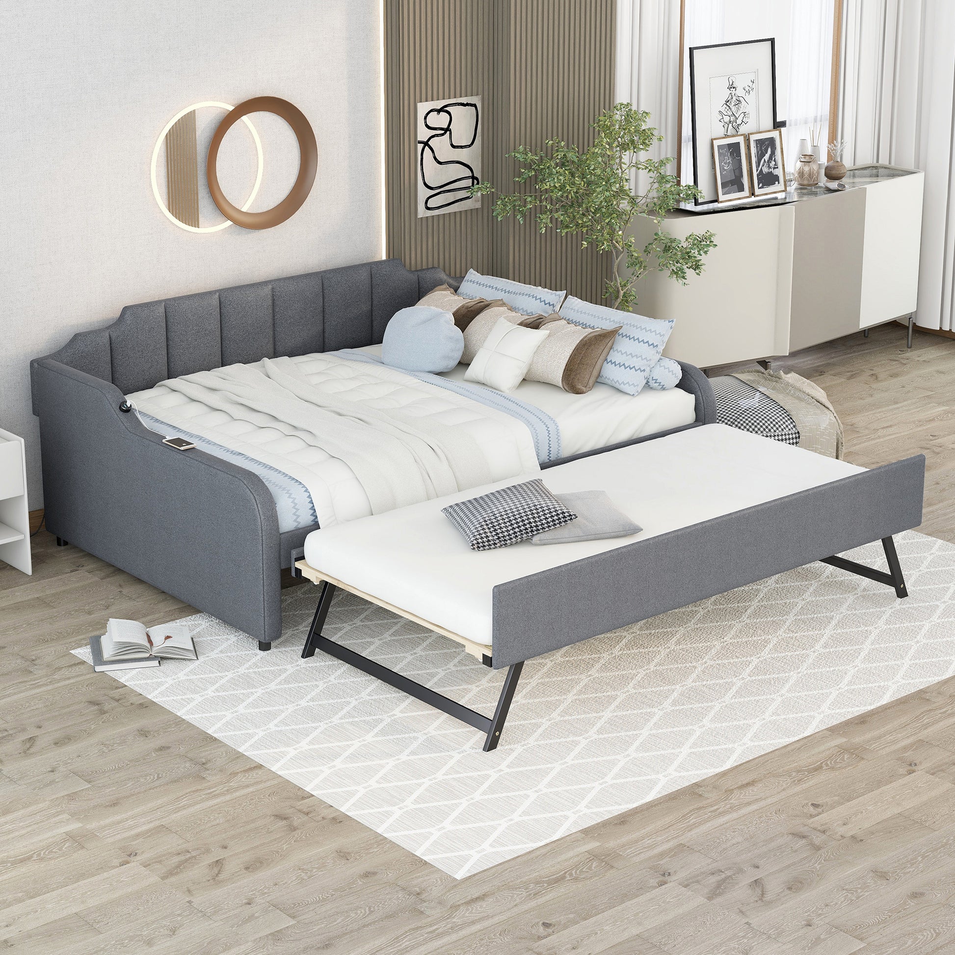 Full Size Upholstery Daybed With Trundle And Usb Charging Design,Trundle Can Be Flat Or Erected,Gray Full Gray Pine