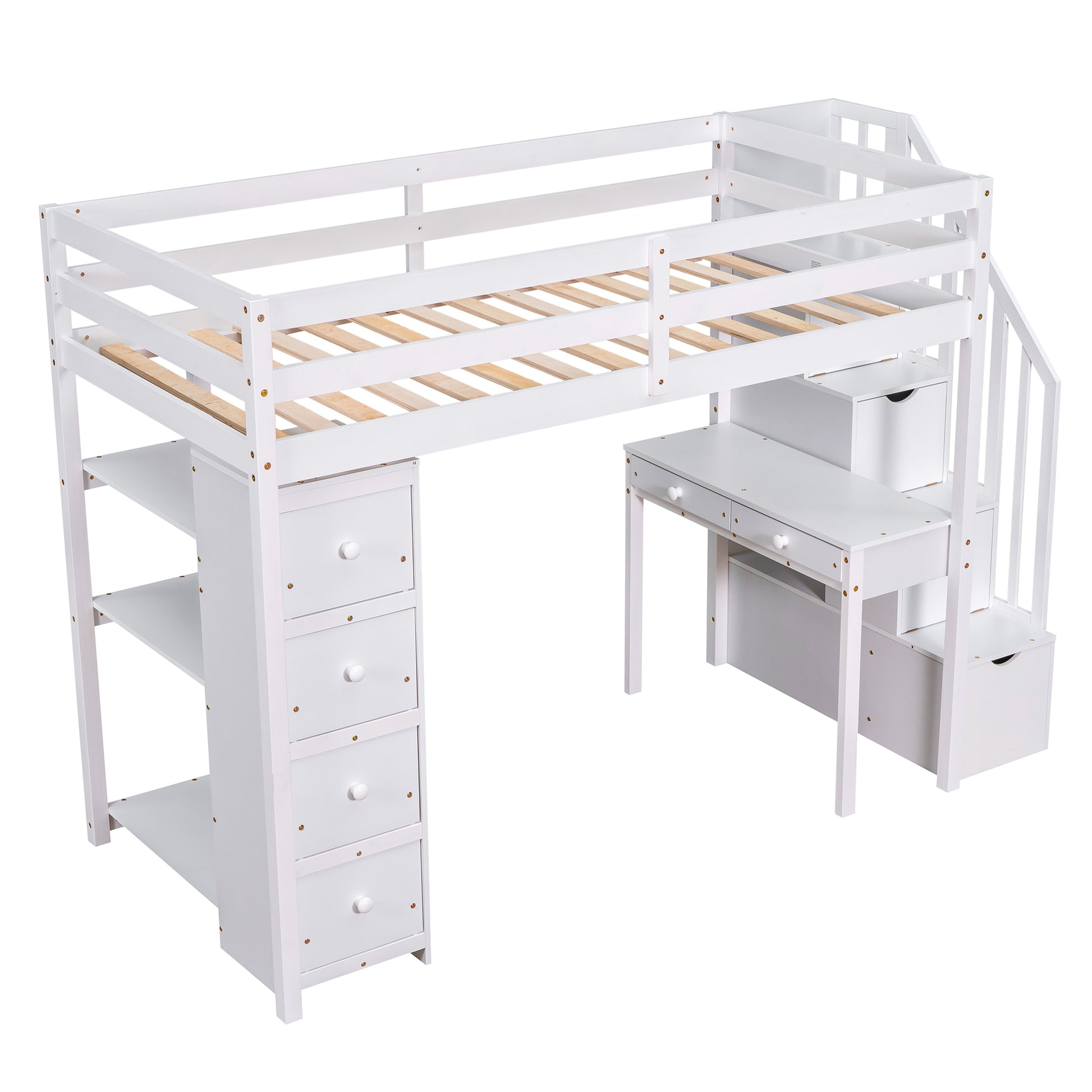 Twin Size Loft Bed With Storage Drawers ,Desk And Stairs, Wooden Loft Bed With Shelves White White Solid Wood