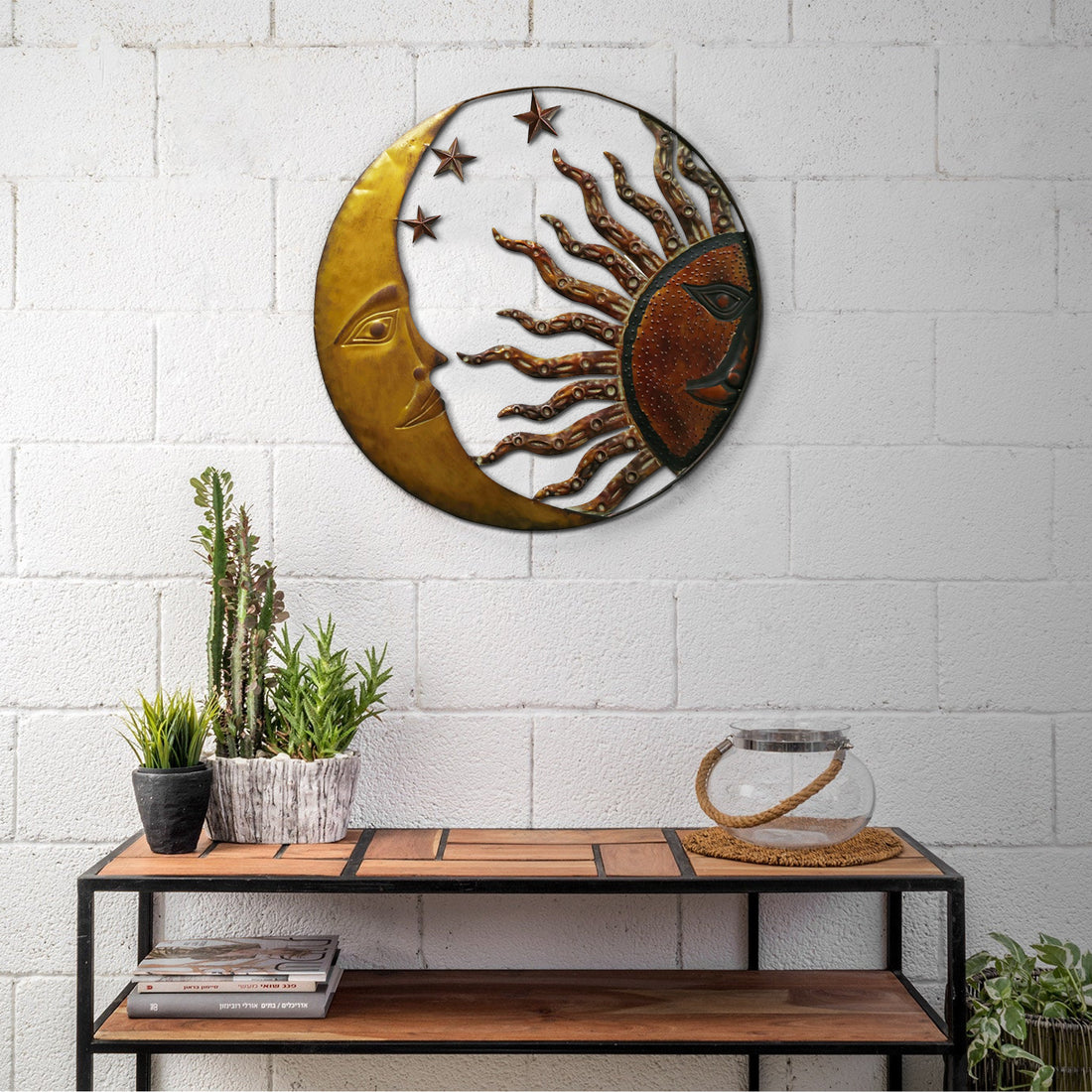 21 Inch Handcrafted Sun And Moon Accent Wall Decor, Round Metal Wall Mount, Rustic Gold, Bronze Gold Metal