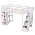 Twin Size Loft Bed With Storage Drawers And Stairs, Wooden Loft Bed With Shelves White White Solid Wood