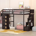 Twin Size Loft Bed With Storage Drawers And Stairs, Wooden Loft Bed With Shelves Espresso Espresso Solid Wood