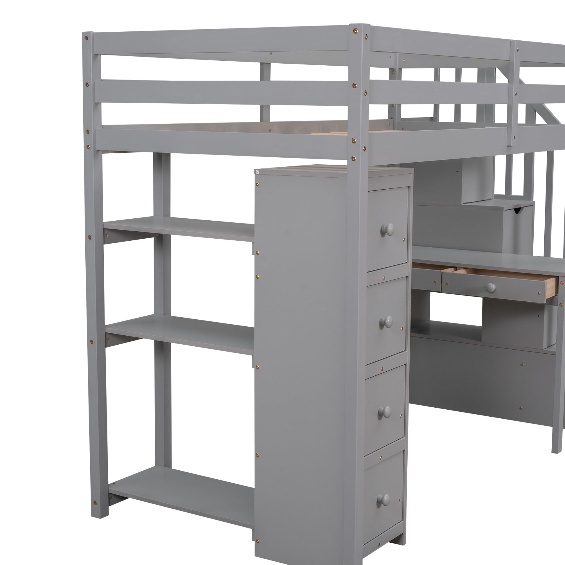 Twin Size Loft Bed With Storage Drawers ,Desk And Stairs, Wooden Loft Bed With Shelves Gray Gray Solid Wood