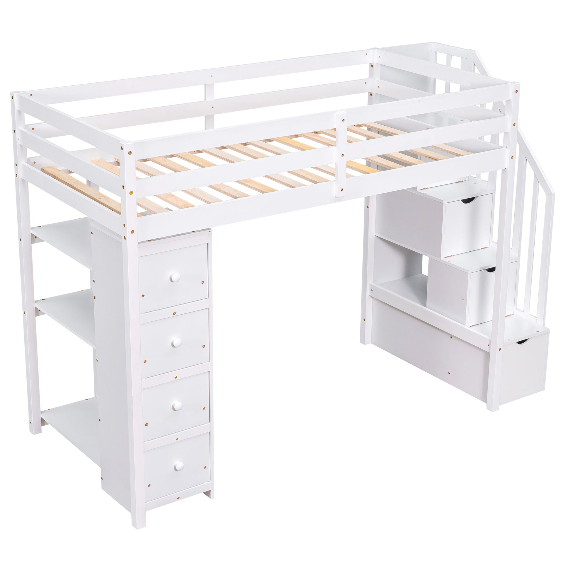 Twin Size Loft Bed With Storage Drawers And Stairs, Wooden Loft Bed With Shelves White White Solid Wood