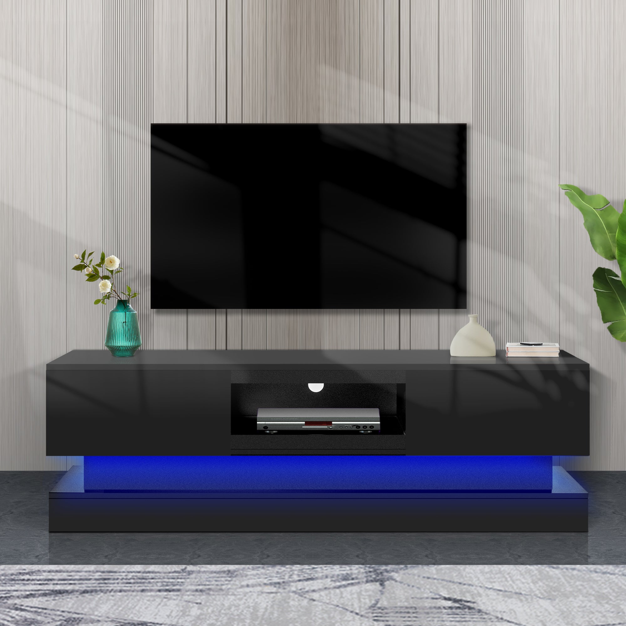 51.18Inch Black Morden Tv Stand With Led Lights,High Glossy Front Tv Cabinet,Can Be Assembled In Lounge Room, Living Room Or Bedroom,Color:Black Black Primary Living Space 50 Inches 50 59 Inches Classic 55 Inches Foam Particle Board