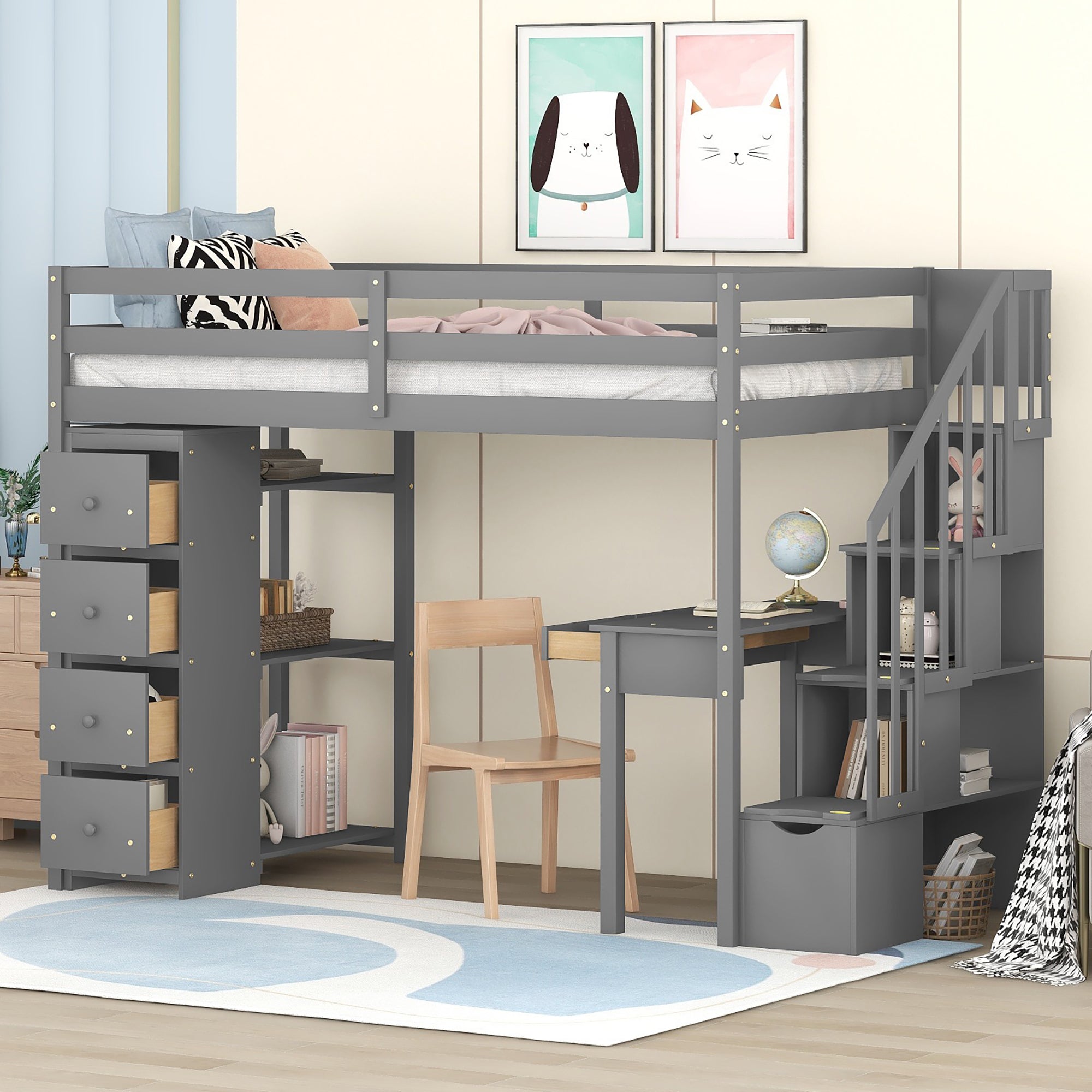 Twin Size Loft Bed With Storage Drawers ,Desk And Stairs, Wooden Loft Bed With Shelves Gray Gray Solid Wood