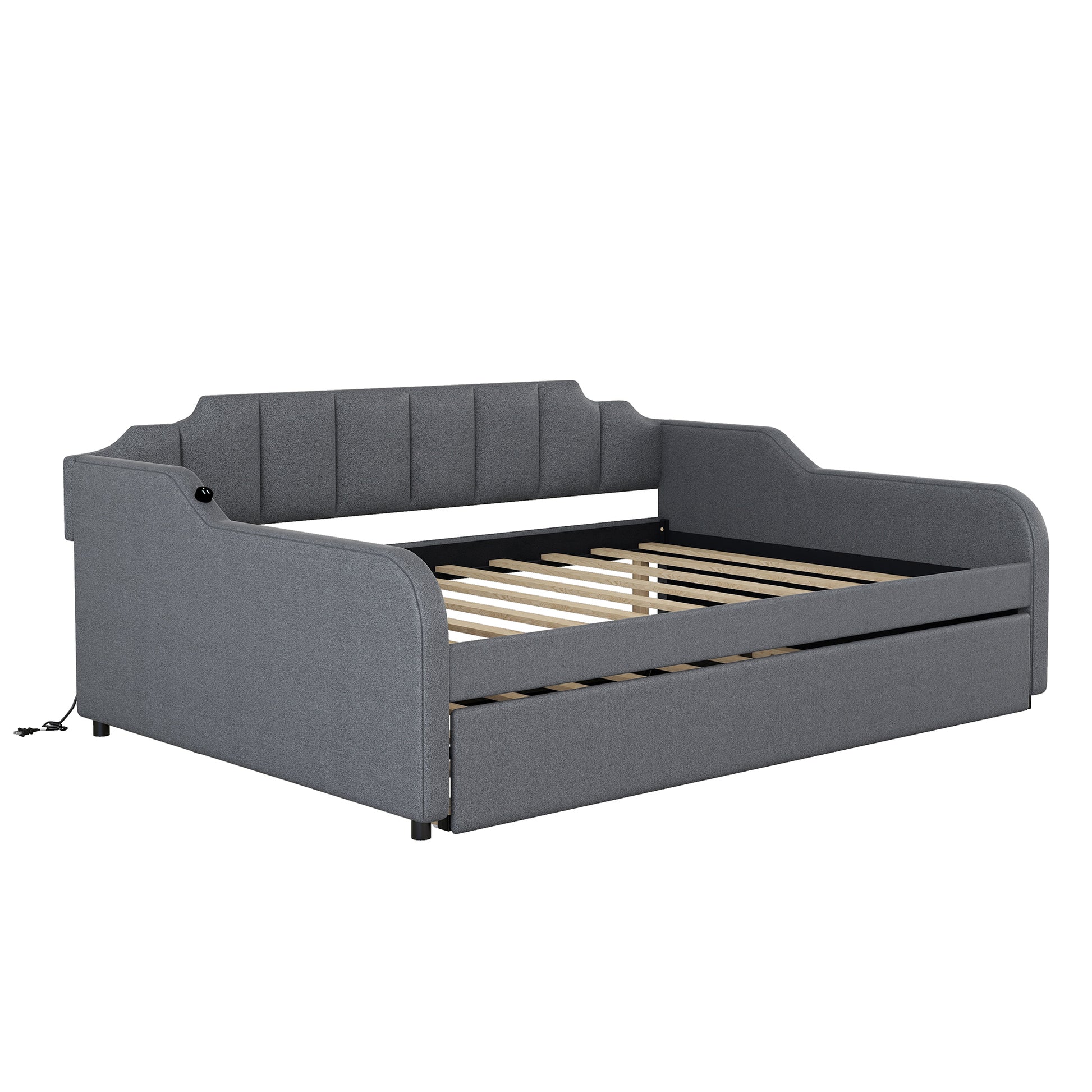 Full Size Upholstery Daybed With Trundle And Usb Charging Design,Trundle Can Be Flat Or Erected,Gray Full Gray Pine