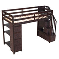 Twin Size Loft Bed With Storage Drawers And Stairs, Wooden Loft Bed With Shelves Espresso Espresso Solid Wood