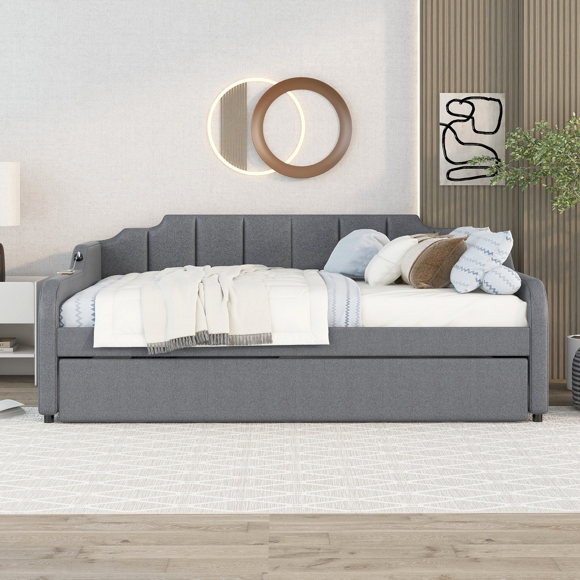 Full Size Upholstery Daybed With Trundle And Usb Charging Design,Trundle Can Be Flat Or Erected,Gray Full Gray Pine