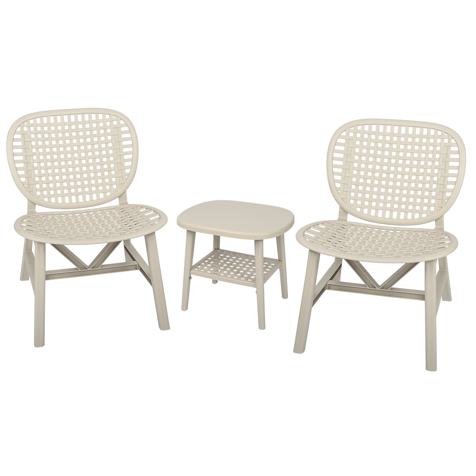 3 Pieces Hollow Design Retro Patio Table Chair Set All Weather Conversation Bistro Set Outdoor Table With Open Shelf And Lounge Chairs With Widened Seat For Balcony Garden Yard White White Polypropylene