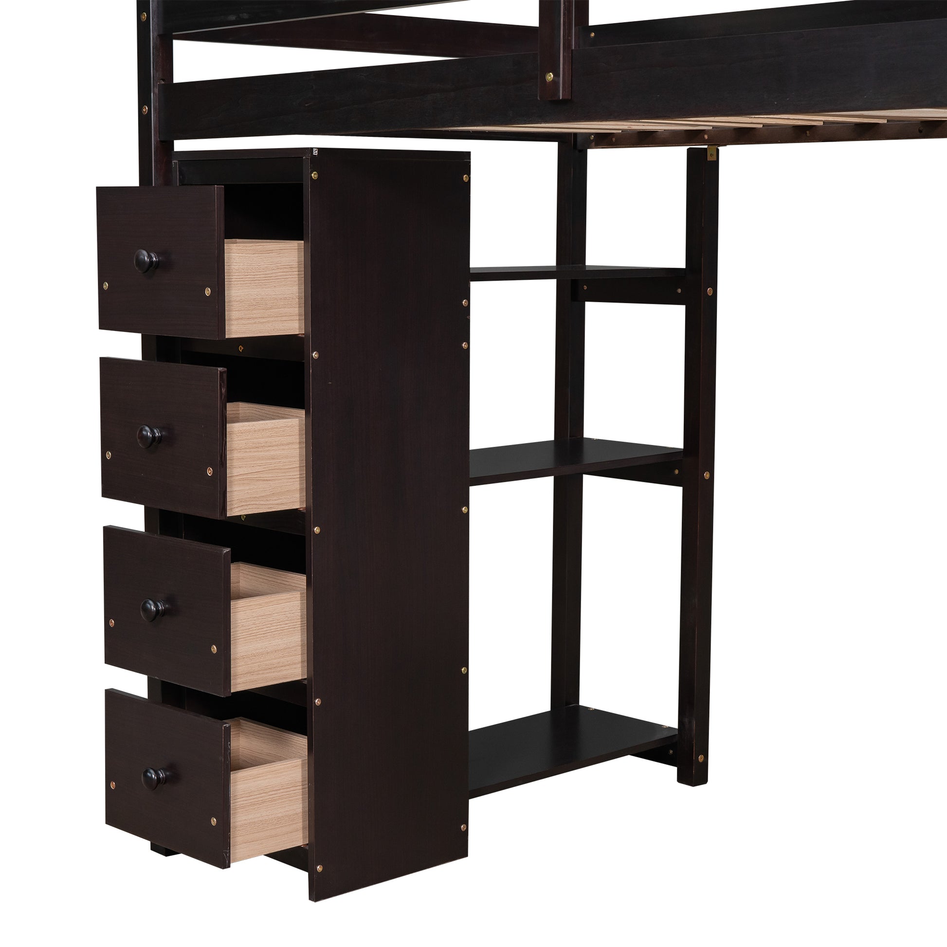 Twin Size Loft Bed With Storage Drawers ,Desk And Stairs, Wooden Loft Bed With Shelves Espresso Espresso Solid Wood