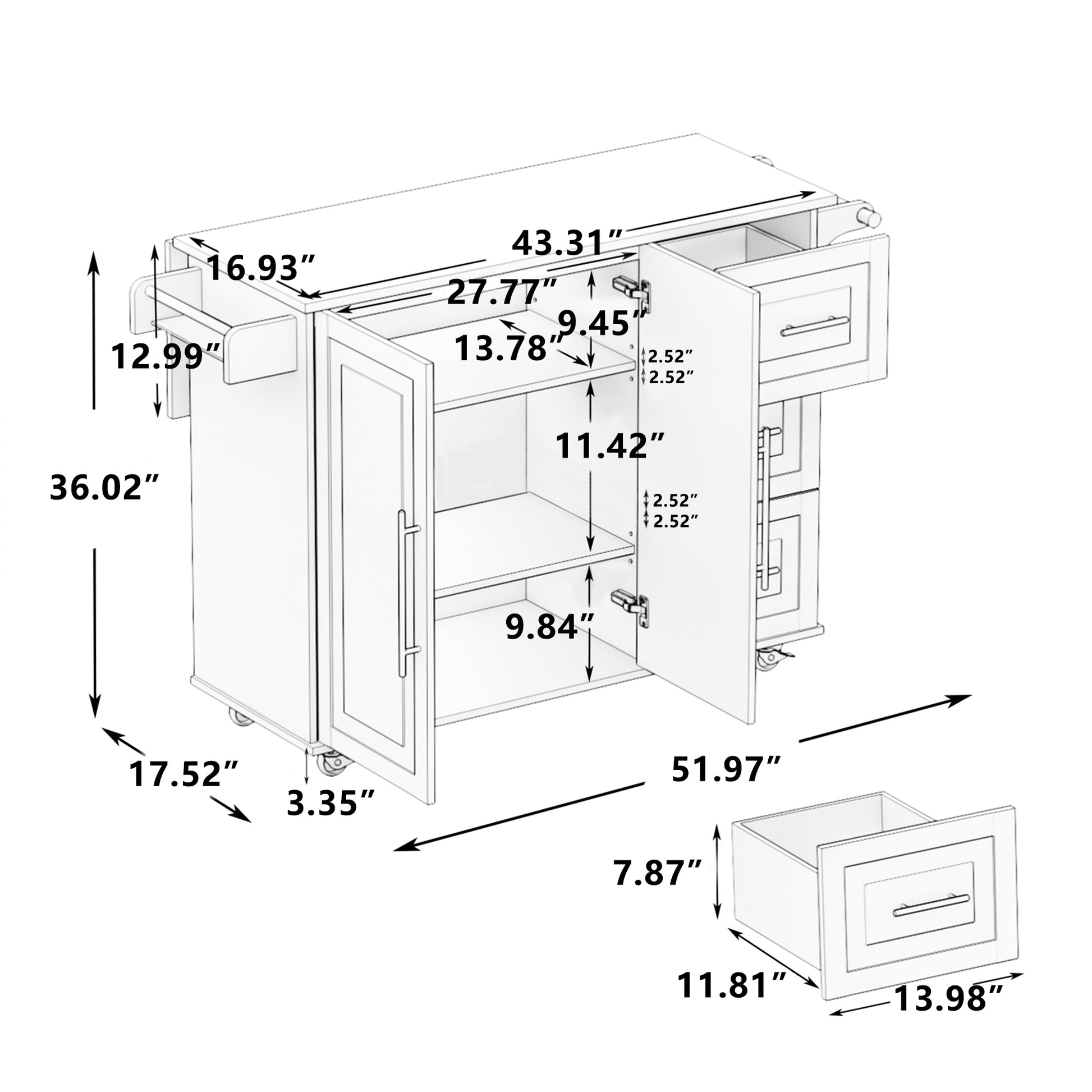 Kitchen Island Cart With 2 Door Cabinet And Three Drawers,43.31 Inch Width With Spice Rack,Towel Rack White White Mdf