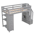 Twin Size Loft Bed With Storage Drawers And Stairs, Wooden Loft Bed With Shelves Gray Gray Solid Wood