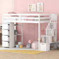 Twin Size Loft Bed With Storage Drawers And Stairs, Wooden Loft Bed With Shelves White White Solid Wood