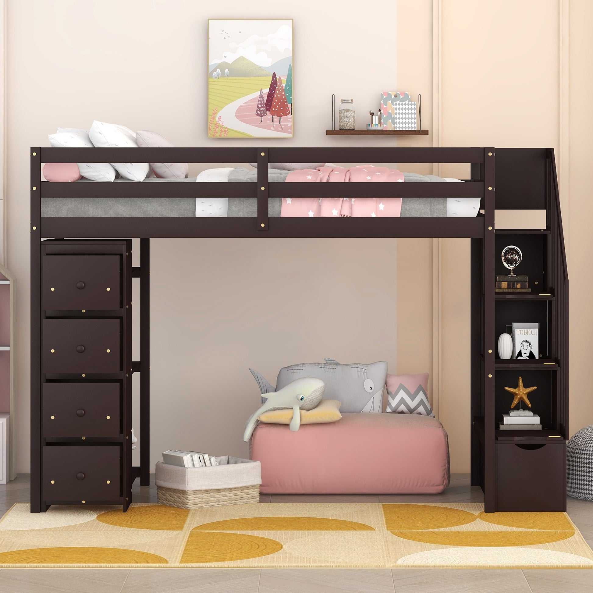 Twin Size Loft Bed With Storage Drawers And Stairs, Wooden Loft Bed With Shelves Espresso Espresso Solid Wood